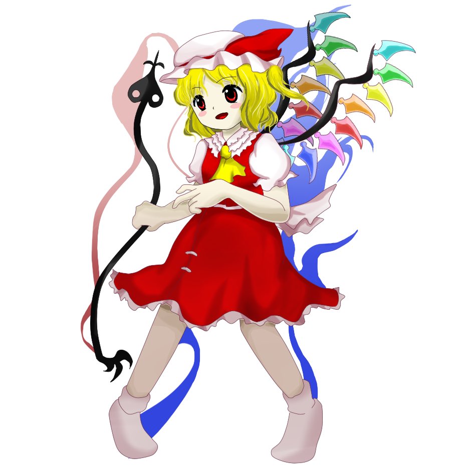 flandre scarlet, double dealing character, embodiment of scarlet devil, touhou, double, non-web source, ascot, blonde hair, crystal, multicolored wings, wings, yellow ascot, zun (style)