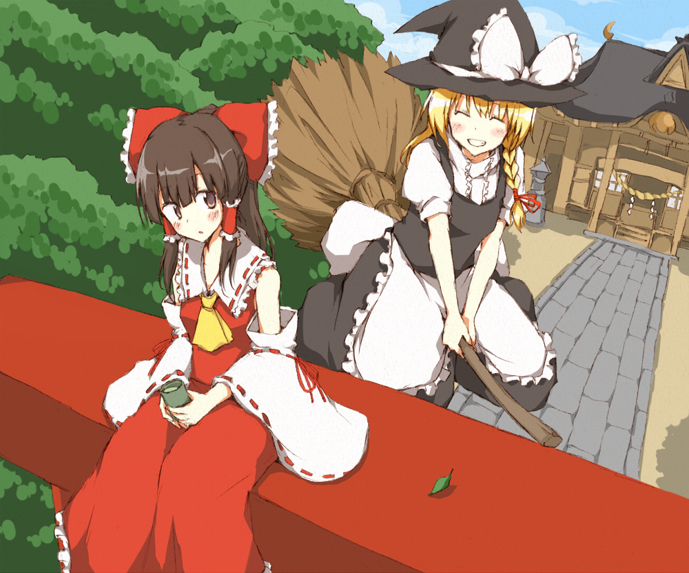 any (artist), any (lucky denver mint), hakurei reimu, kirisame marisa, touhou, 2girls, blonde hair, bow, braid, broom, broom riding, brown eyes, brown hair, closed eyes, detached sleeves, drink, female focus, grin, happy, hat, japanese clothes, miko, multiple girls, short hair, shrine, sitting, sitting on object, smile, stone lantern, tea, torii, witch, witch hat