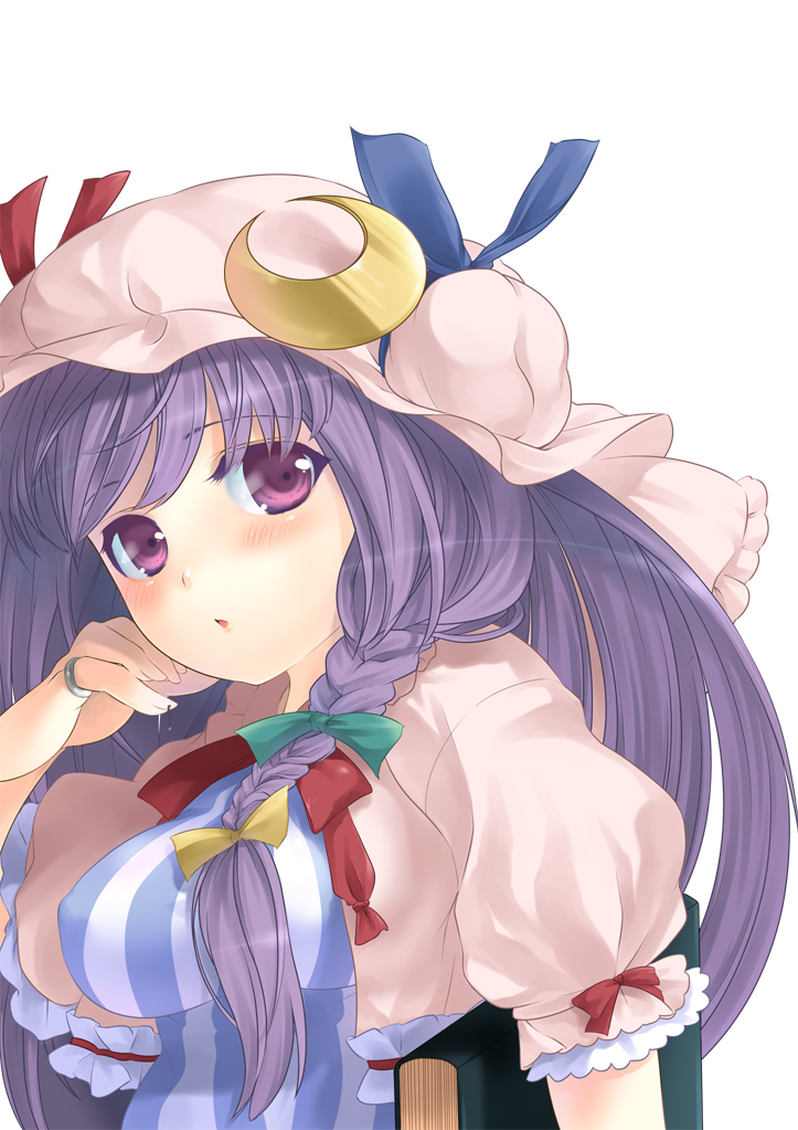 mokokosan, patchouli knowledge, touhou, bad id, bad pixiv id, 1girl, breasts, crescent, female focus, hat, impossible clothes, impossible shirt, long hair, purple eyes, purple hair, shirt, solo