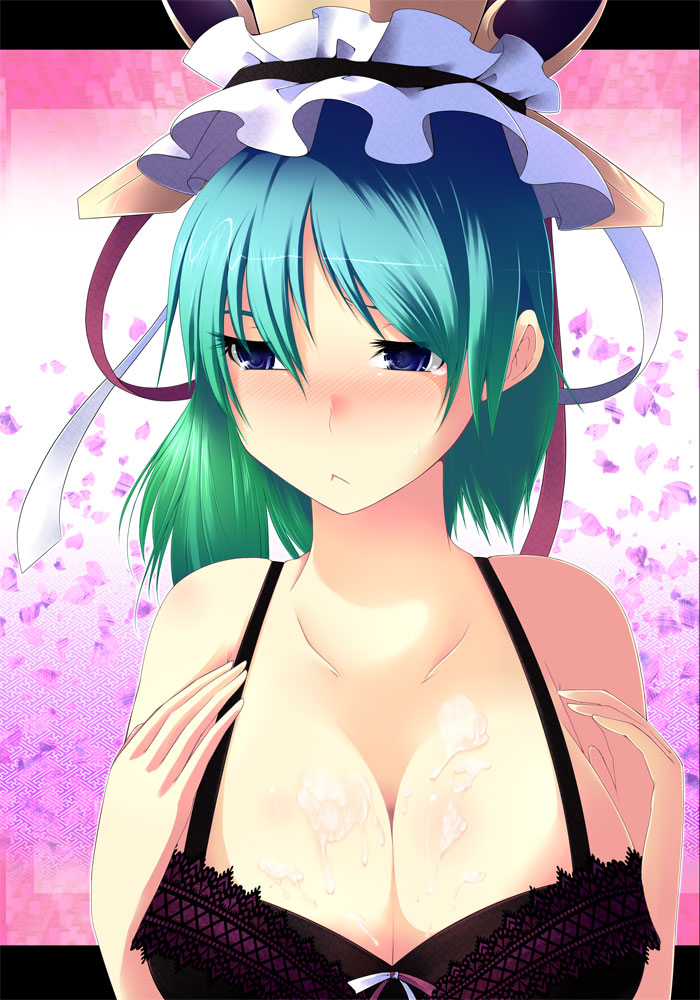 akira aoi, kusaka eiki, shiki eiki, touhou, 1girl, aqua hair, blue eyes, blush, bra, breasts, cleavage, cum, cum on body, cum on breasts, cum on upper body, female focus, gradient hair, green hair, hat, large breasts, lingerie, multicolored hair, short hair, solo, underwear