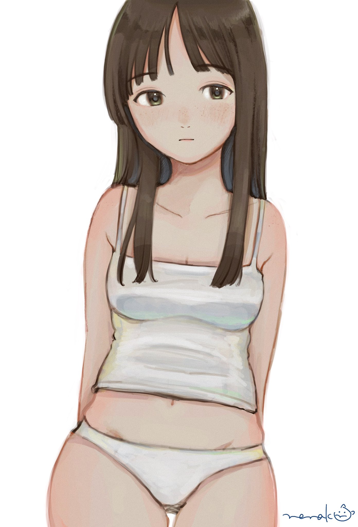 nena labo, original, commentary request, highres, 1girl, averting eyes, breasts, brown eyes, brown hair, camisole, closed mouth, cowboy shot, expressionless, freckles, hair over shoulder, long hair, long sidelocks, medium breasts, midriff peek, multicolored hair, navel, no pants, panties, parted bangs, sidelocks, signature, simple background, solo, standing, streaked hair, underwear, white background, white camisole, white panties