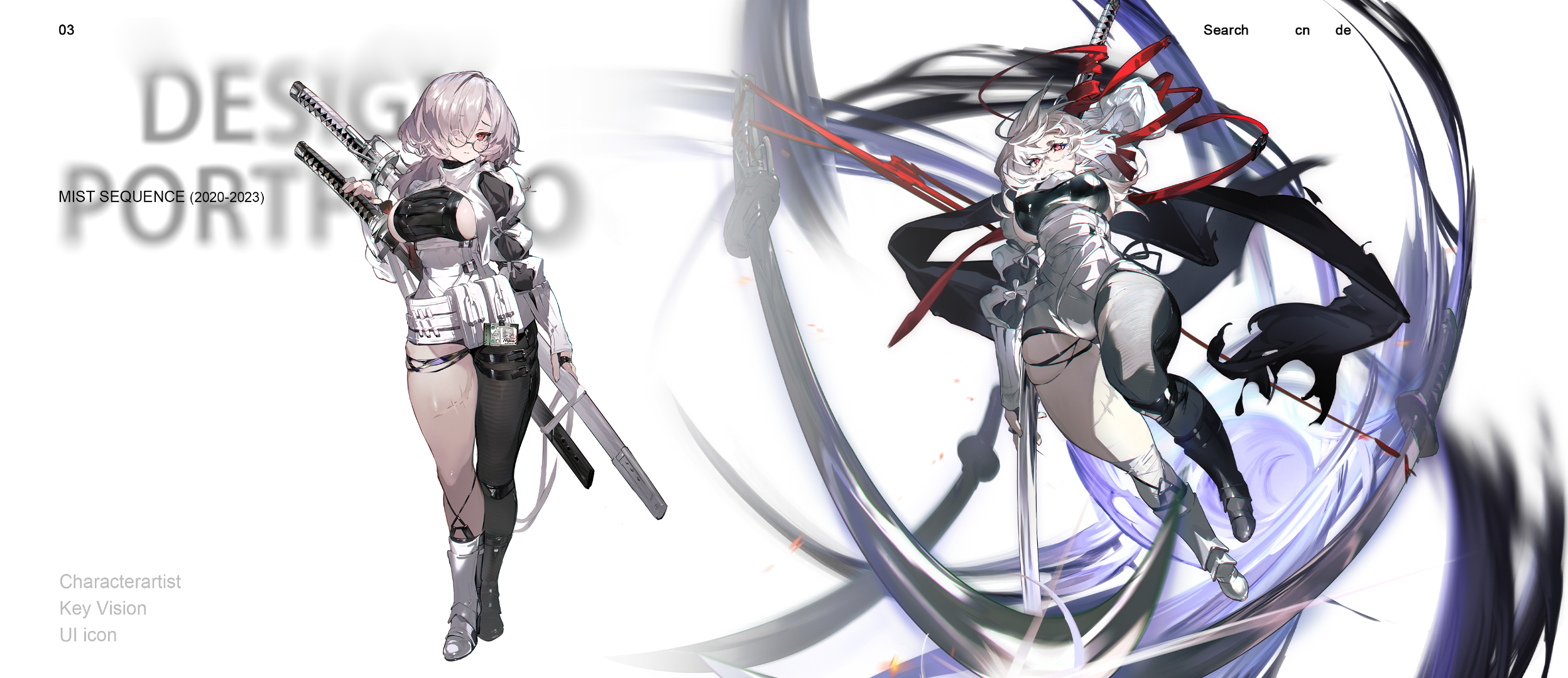 mist sequence, highres, 1girl, asymmetrical footwear, asymmetrical legwear, bandages, black boots, boots, breasts, copyright name, glasses, hair over one eye, multiple views, pink hair, red eyes, red ribbon, ribbon, sideboob, single thighhigh, sword, thighhighs, weapon, white boots, yi yuansu san gong
