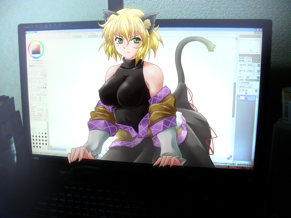 ootsuki wataru, mizuhashi parsee, paint tool sai, painttool sai, touhou, bad id, bad pixiv id, painttool sai (medium), 1girl, animal ears, arm warmers, blonde hair, breasts, cat ears, cat girl, cat tail, computer, covered erect nipples, female focus, fingernails, fourth wall, green eyes, kemonomimi mode, large breasts, long fingernails, looking at viewer, mini person, minigirl, monitor, open clothes, scarf, sharp fingernails, short hair, sleeveless, solo, tail, through medium, through screen