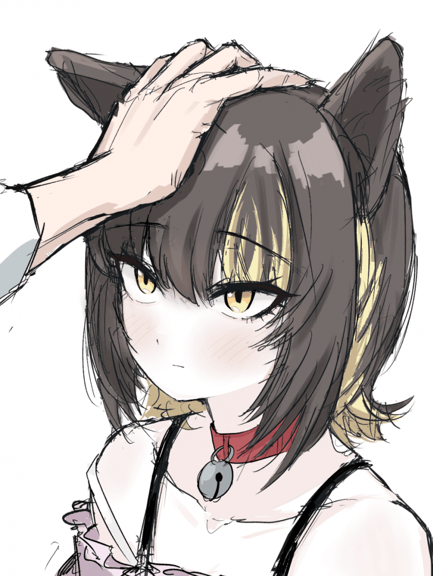 ikaruga luca, idolmaster, idolmaster shiny colors, 1boy, 1girl, animal collar, animal ears, bell, black hair, cat tail, collar, dcinside, hand on another's head, headpat, multicolored hair, red collar, sketch, streaked hair, tail, yellow eyes