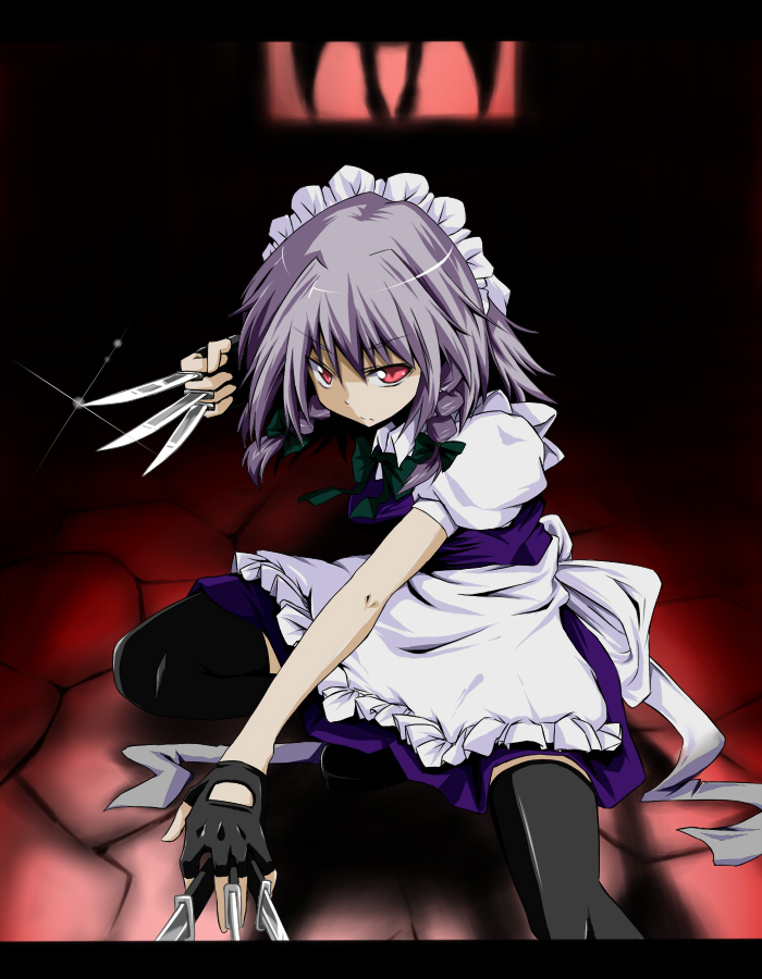 wata, izayoi sakuya, touhou, silver hair, bad id, bad pixiv id, 1girl, braid, female focus, fingerless gloves, gloves, gradient background, maid, red eyes, short hair, solo, thighhighs, twin braids