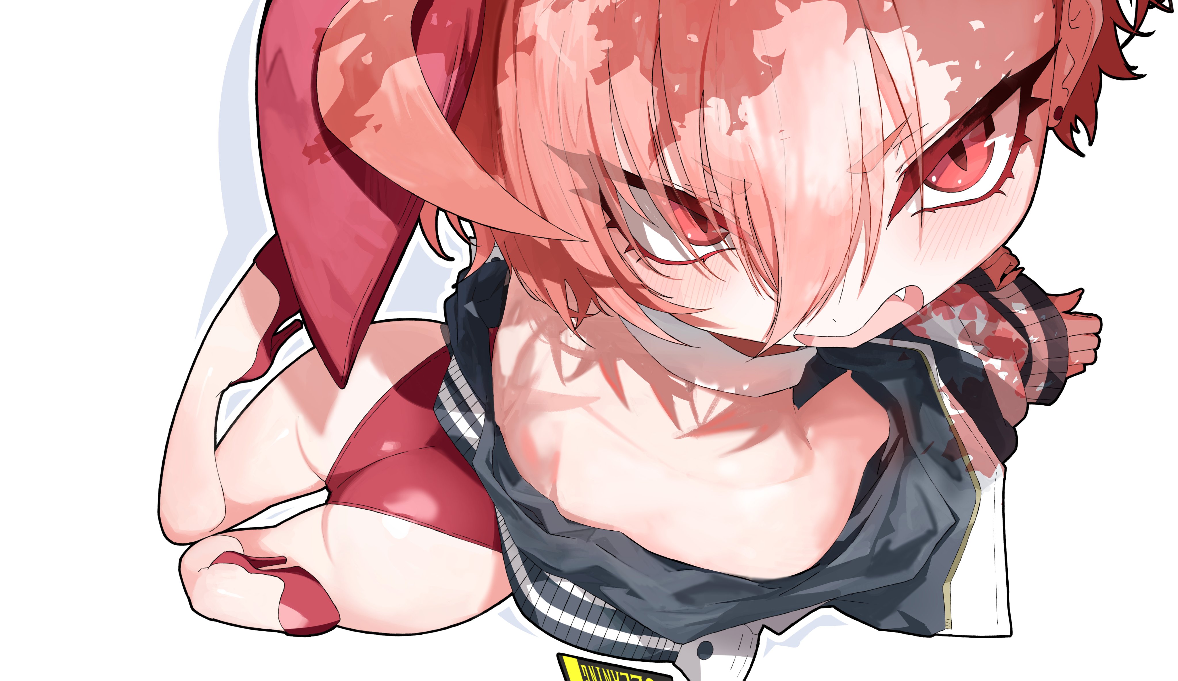 1-5iro, neru (blue archive), neru (bunny) (blue archive), blue archive, absurdres, highres, 1girl, animal ears, detached collar, fake animal ears, jacket, leotard, looking at viewer, official alternate costume, playboy bunny, rabbit ears, red eyes, red hair, red leotard, solo, strapless, strapless leotard