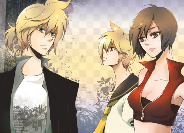 berrymixx, kagamine len, meiko (vocaloid), vocaloid, 1boy, 1girl, aged up, aqua eyes, blonde hair, breasts, brown eyes, brown hair, cleavage, crop top, medium breasts, midriff, necktie, short hair, zipper