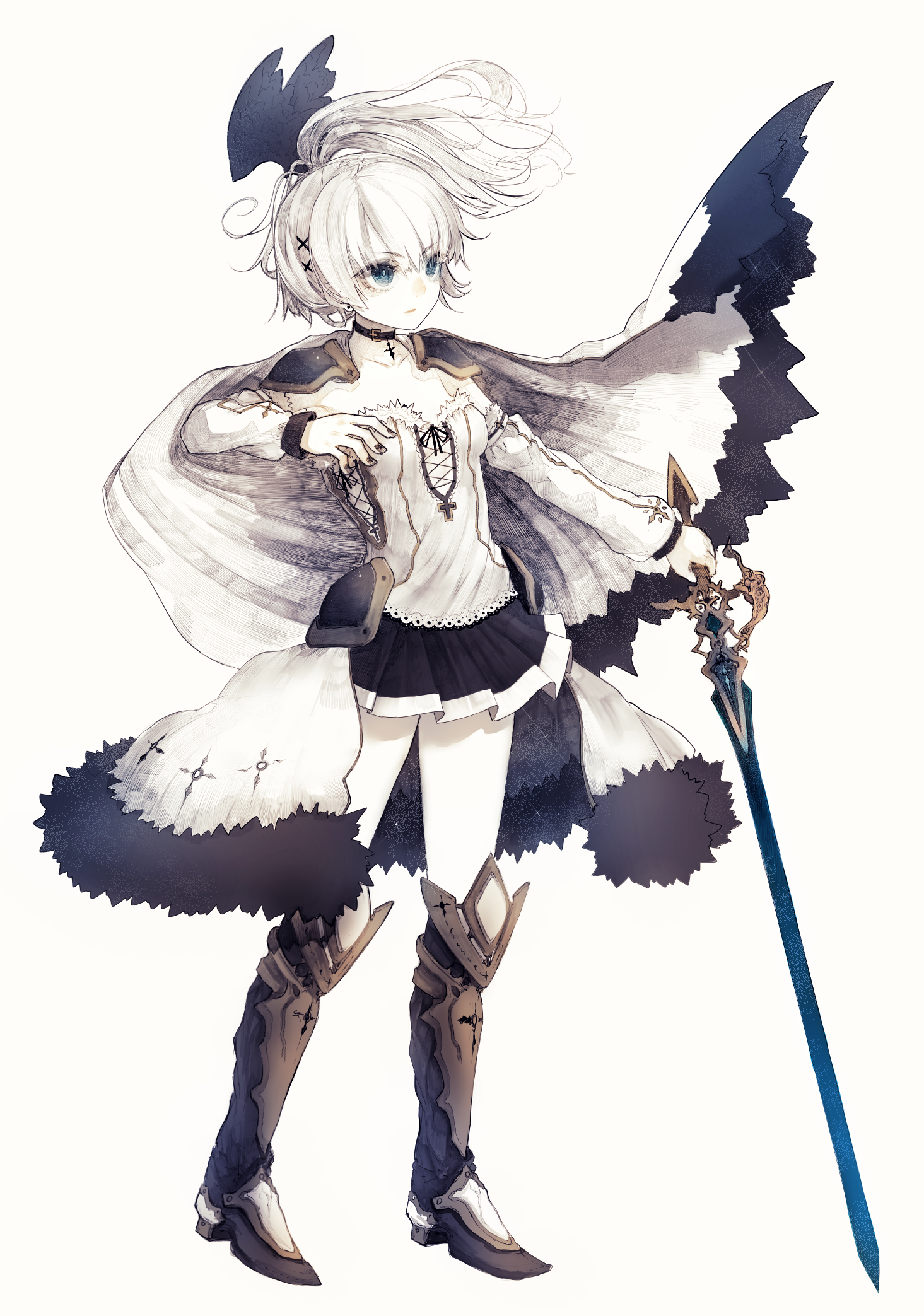 riuichi, original, commentary request, highres, 1girl, armor, black skirt, blue eyes, blue hair, boots, brown boots, cape, cross, detached sleeves, fantasy, floating hair, full body, hair ribbon, holding, holding weapon, jewelry, miniskirt, pale skin, parted bangs, pendant, ribbon, short hair, shoulder armor, skirt, sleeves past wrists, solo focus, sword, weapon, white background