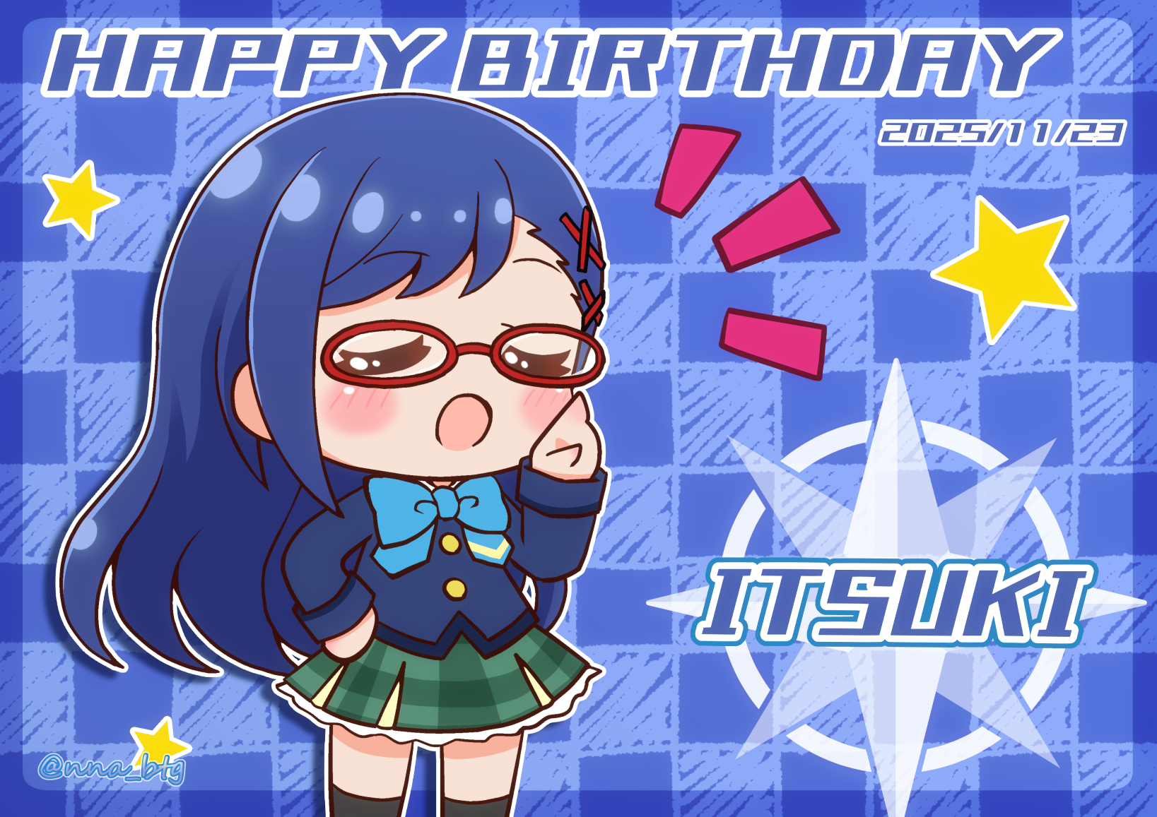 nna btg, yakumo itsuki, battle girl high school, commentary request, highres, 1girl, black thighhighs, blazer, blue background, blue border, blue bow, blue hair, blue jacket, blush, blush stickers, border, bow, chibi, chibi only, glasses, green skirt, hair ornament, hairclip, happy birthday, index finger raised, jacket, long hair, open mouth, pleated skirt, red-framed eyewear, school uniform, skirt, solo, star (symbol), thighhighs, twitter username, zettai ryouiki