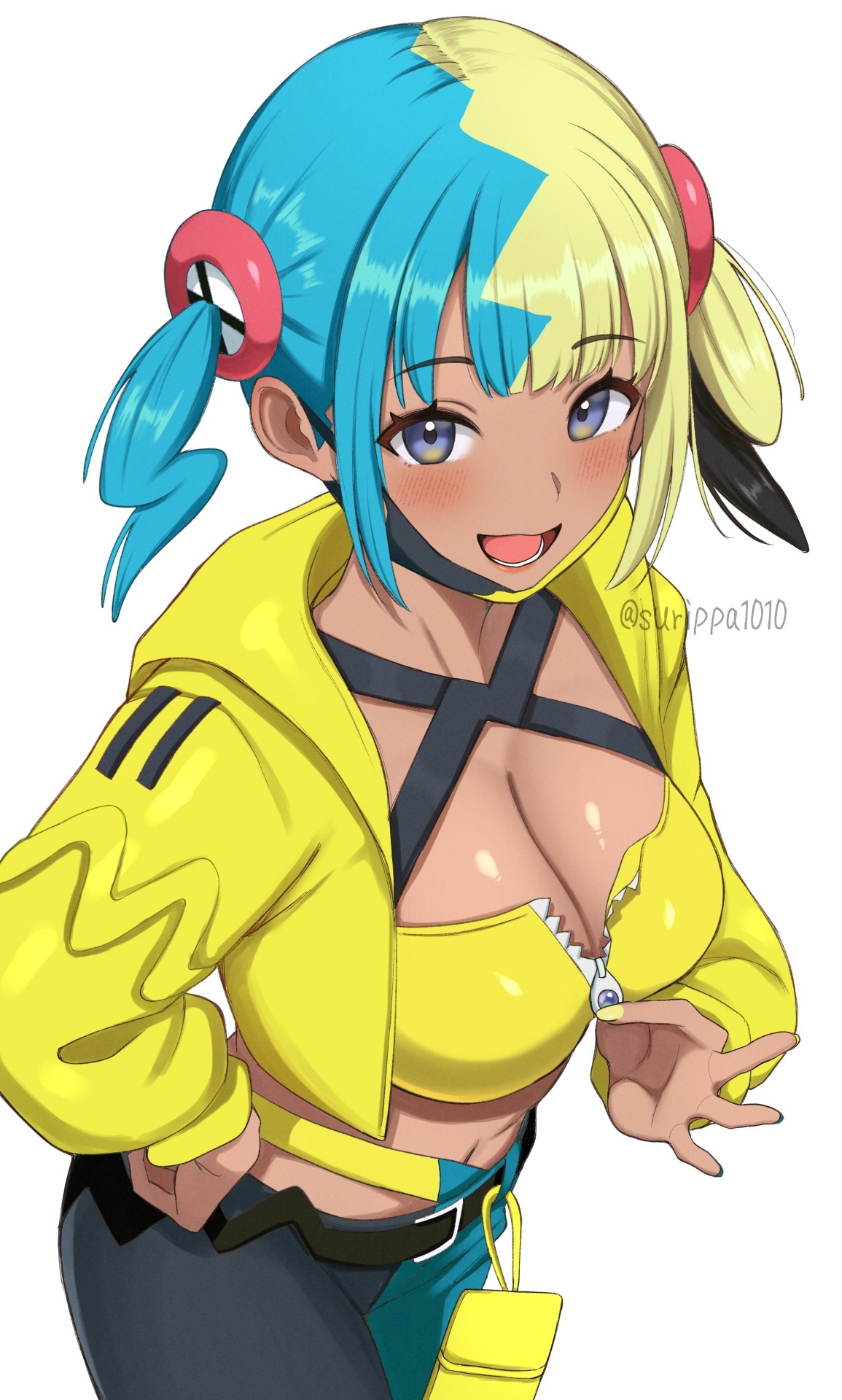 surippa1010, canari (pokemon), nintendo, pokemon, pokemon legends: z-a, commentary request, highres, 1girl, aqua hair, aqua pants, bandeau, black hair, black pants, blonde hair, breasts, cleavage, dark-skinned female, dark skin, jacket, large breasts, looking at viewer, mask, mouth mask, multicolored hair, open mouth, pants, simple background, solo, twitter username, two-tone mask, two-tone pants, white background, yellow bandeau, yellow jacket, zipper