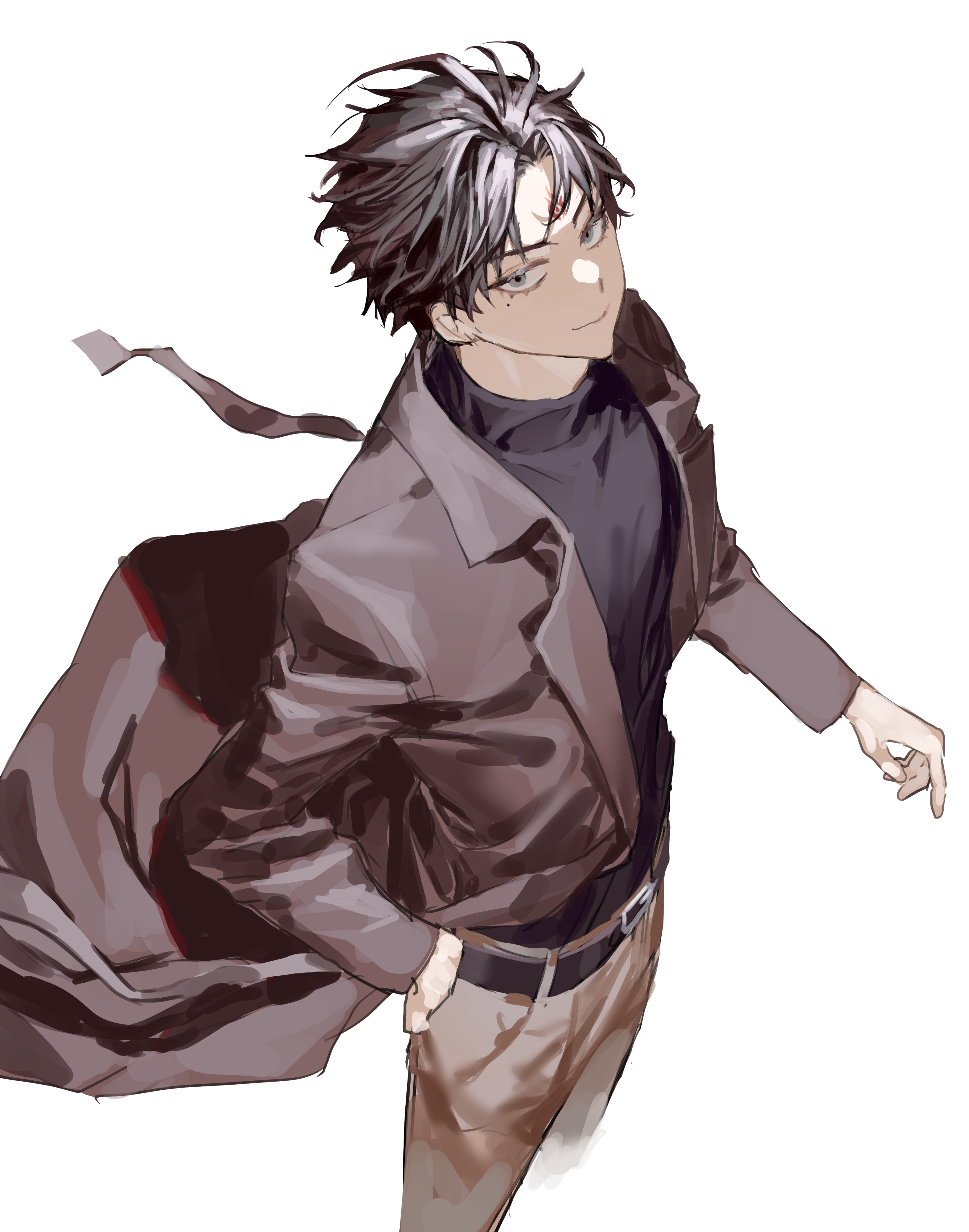 chamuring, xuan ji, lie huo jiao chou, absurdres, hashtag-only commentary, highres, 1boy, black pants, black shirt, brown pants, closed mouth, facial mark, forehead mark, grey hair, long sleeves, looking at viewer, male focus, mole, mole under eye, pants, shirt, short hair, simple background, solo, white background