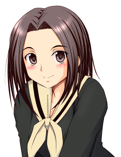 sasaki akira (ugc), arima nana, maria-sama ga miteru, 00s, 1girl, black serafuku, blush, brown eyes, brown hair, closed mouth, female focus, long sleeves, looking at viewer, medium hair, neckerchief, school uniform, serafuku, simple background, smile, solo, tareme, upper body, white background, white neckerchief