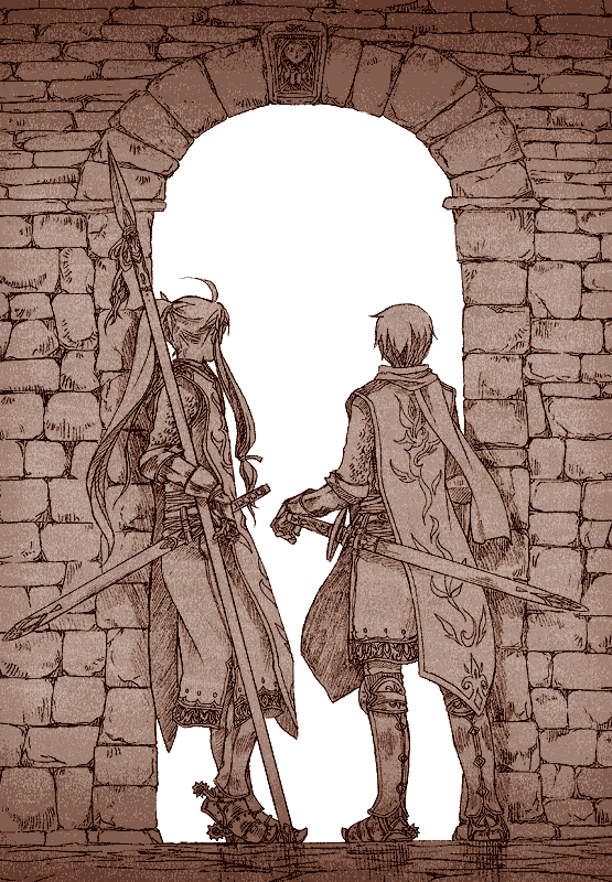 taichi17, watari taichi, kaito (vocaloid), kamui gakupo, vocaloid, 2boys, armor, brown theme, gauntlets, high ponytail, long hair, male focus, medieval, monochrome, multiple boys, polearm, ponytail, scarf, sheath, sheathed, short hair, spear, spurs, standing, sword, tabard, weapon, white background