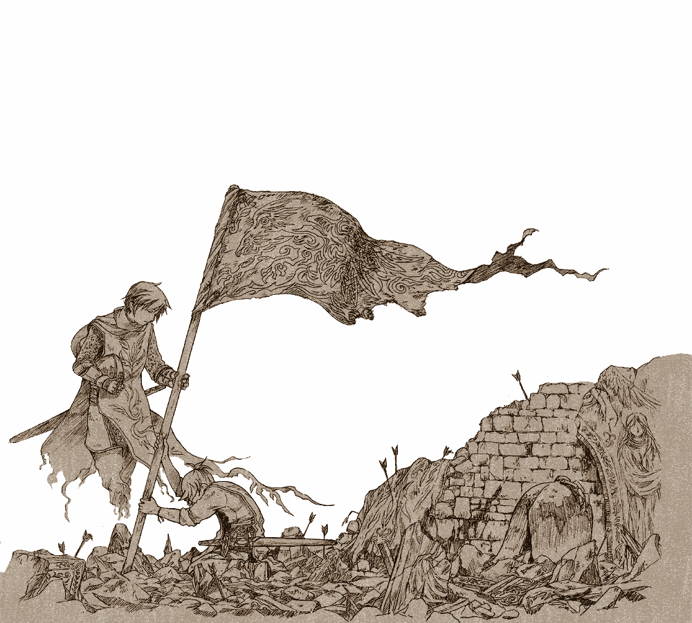 taichi17, watari taichi, kagamine len, kaito (vocaloid), vocaloid, 2boys, armor, arrow (projectile), brown theme, flag, ghost, helm, helmet, kneeling, male focus, medieval, monochrome, multiple boys, planted, planted arrow, ruins, sheath, sheathed, short hair, simple background, soldier, sword, tabard, unworn headwear, unworn helmet, weapon, white background