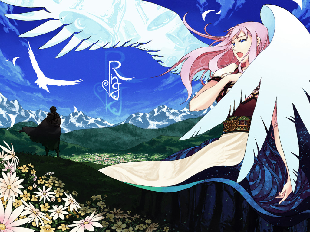 taichi17, watari taichi, megurine luka, vocaloid, angel wings, bird, blue eyes, day, feathers, long hair, open mouth, pink hair, skirt, sky, solo focus, song name, wings