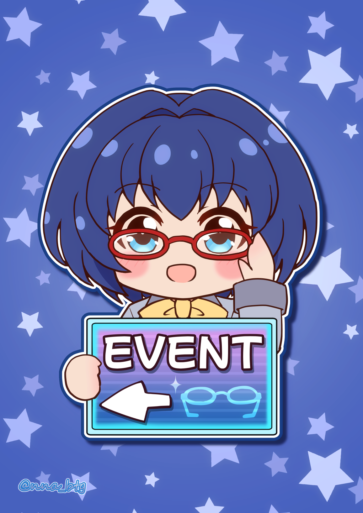 nna btg, yakumo itsuki, battle girl high school, commentary request, highres, 1girl, blue background, blue eyes, blue hair, bow, chibi, chibi only, english text, glasses, grey jacket, holding, holding sign, jacket, looking at viewer, open mouth, red-framed eyewear, short hair, sign, solo, star (symbol), yellow bow