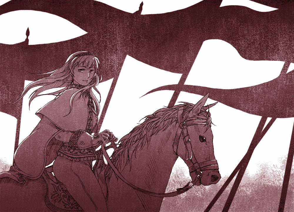 taichi17, watari taichi, megurine luka, vocaloid, 1girl, female focus, flag, from side, gloves, hairband, horse, long hair, medieval, monochrome, red theme, solo