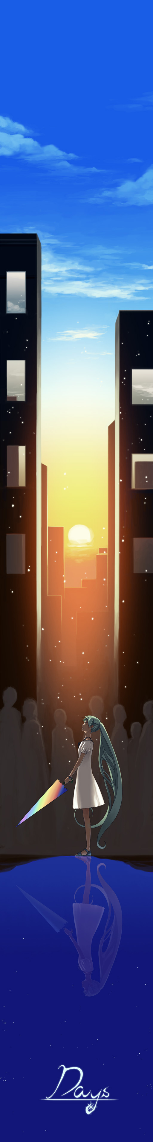 taichi17, watari taichi, hatsune miku, vocaloid, absurdres, highres, long image, tall image, 1girl, blue hair, cityscape, closed eyes, closed umbrella, cloud, female focus, from side, long hair, night, puddle, rainbow gradient, reflection, sandals, sky, solo, solo focus, song name, sun, sunset, twintails, umbrella, very long hair