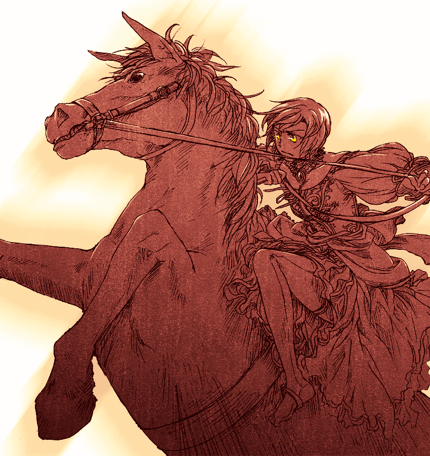taichi17, watari taichi, meiko (vocaloid), vocaloid, 1girl, detached collar, dress, female focus, frown, horse, light trail, medieval, monochrome, rearing, red theme, short hair, solo, spot color, thighhighs, yellow eyes
