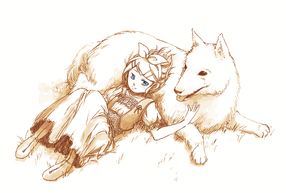 taichi17, watari taichi, kagamine rin, vocaloid, 1girl, blue eyes, female focus, hair ornament, hair ribbon, hairclip, lying, monochrome, on back, outdoors, ribbon, short hair, solo, spot color, swept bangs, wolf