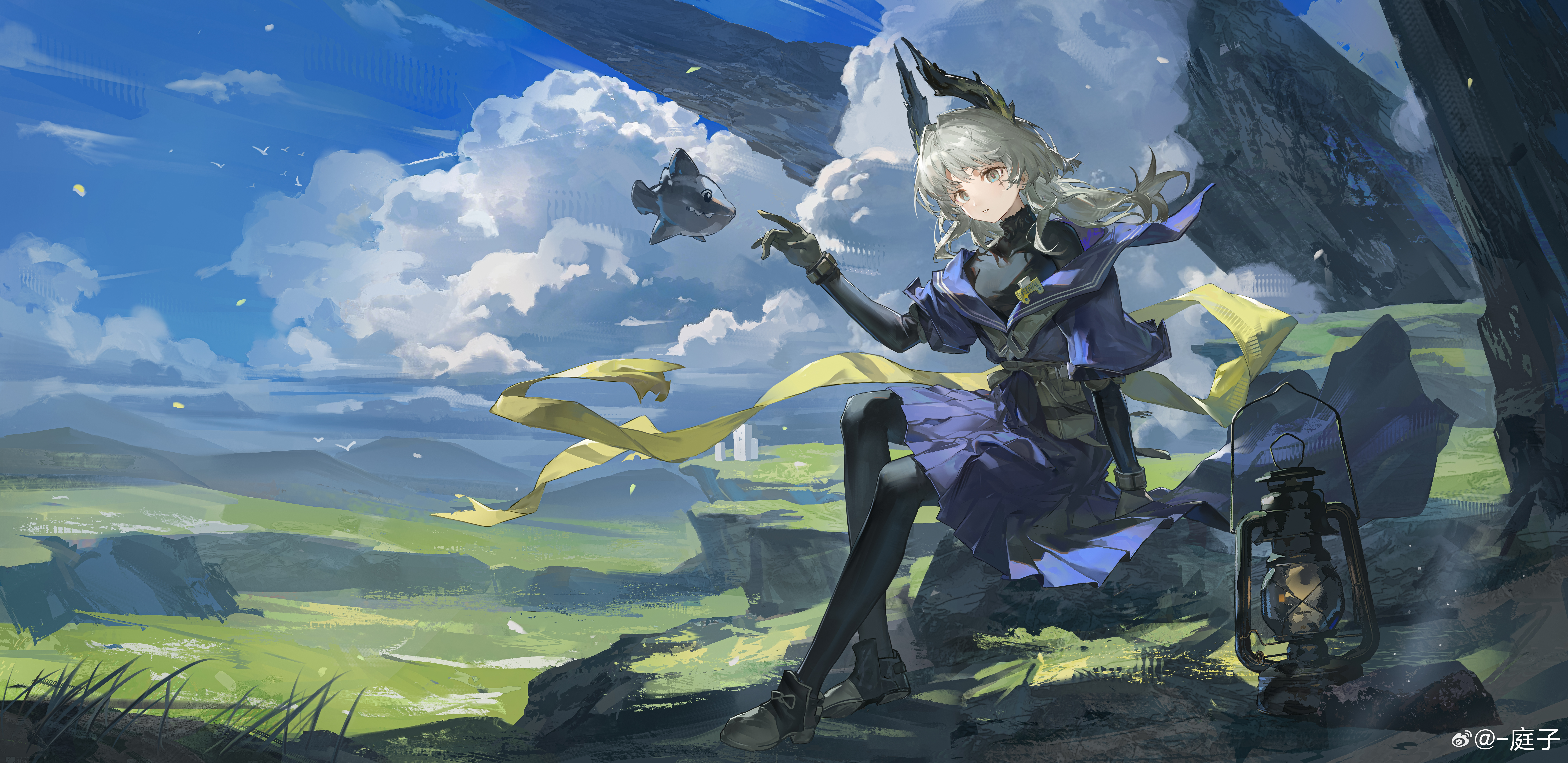 ting zi bbb, irene (arknights), irene (the adjudicatrix and her resolve) (arknights), arknights, absurdres, commentary request, highres, 1girl, black bodysuit, blue serafuku, bodysuit, cloud, cross scar, day, fish, gloves, grass, grey gloves, grey hair, lantern, long hair, looking at animal, mountain, opah (moonfish), outdoors, parted lips, pouch, ribbon, sailor collar, scar, scar on face, school uniform, serafuku, simple bird, sitting, sky, solo, turtleneck, watermark, weibo watermark, yellow ribbon