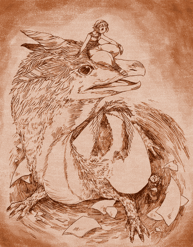 taichi17, watari taichi, gumi, kamui gakupo, vocaloid, 1boy, 1girl, brown background, brown theme, eggshell, fantasy, griffin, hair between eyes, hairband, monochrome, monster, short hair, sitting, standing