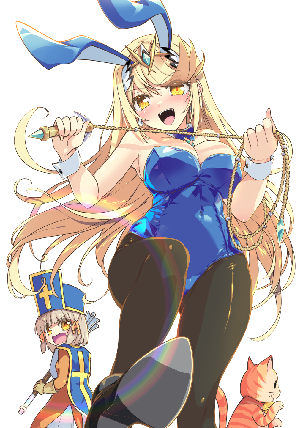 watsuki ayamo, gadabout (dq3), mythra (xenoblade), nia (xenoblade), priest (dq3), dragon quest, dragon quest iii, xenoblade chronicles (series), xenoblade chronicles 2, commentary request, highres, 2girls, black pantyhose, black shoes, blonde hair, blue bow, blue bowtie, blue hairband, blue hat, blue leotard, blush, bow, bowtie, breasts, cat, chest jewel, core crystal (xenoblade), cosplay, covered navel, detached collar, gadabout (dq3) (cosplay), gem, green gemstone, hairband, hat, holding, holding mace, holding weapon, holding whip, large breasts, leotard, long hair, looking at viewer, mace, multiple girls, open mouth, orange cat, pantyhose, playboy bunny, priest (dq3) (cosplay), shoes, simple background, smile, solo focus, strapless, strapless leotard, tabard, tiara, weapon, white background, white wrist cuffs, wrist cuffs, yellow eyes