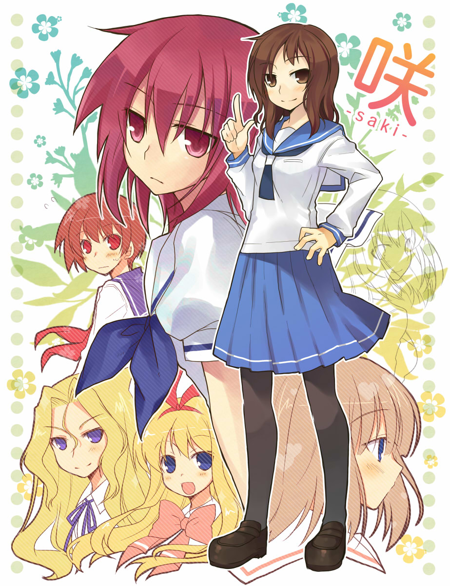 tamura hiro, amae koromo, fukuji mihoko, miyanaga saki, miyanaga teru, ryuumonbuchi touka, takei hisa, touyoko momoko, saki (manga), bad id, bad pixiv id, highres, 00s, 6+girls, alternate hair color, multiple girls, pantyhose, red hair, school uniform, serafuku