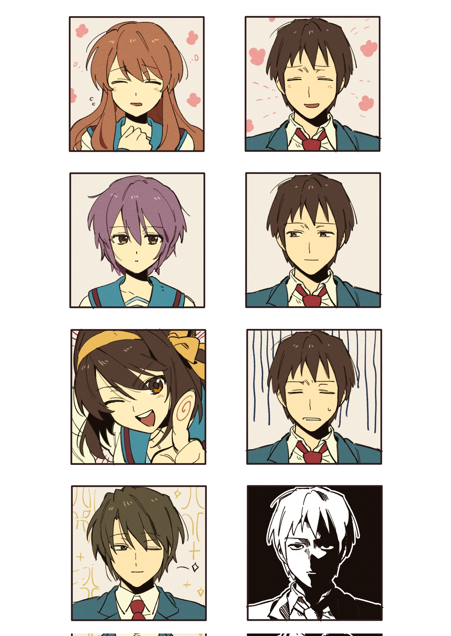 kkoo7, asahina mikuru, koizumi itsuki, kyon, nagato yuki, suzumiya haruhi, suzumiya haruhi no yuuutsu, highres, 2boys, 3girls, blazer, blonde hair, blue sailor collar, brown hair, collared shirt, hair ribbon, heart, jacket, kita high school uniform, long hair, long sleeves, multiple boys, multiple girls, necktie, purple hair, red necktie, ribbon, sailor collar, school uniform, serafuku, shirt, short hair, sos brigade, white shirt, winter uniform, yellow ribbon