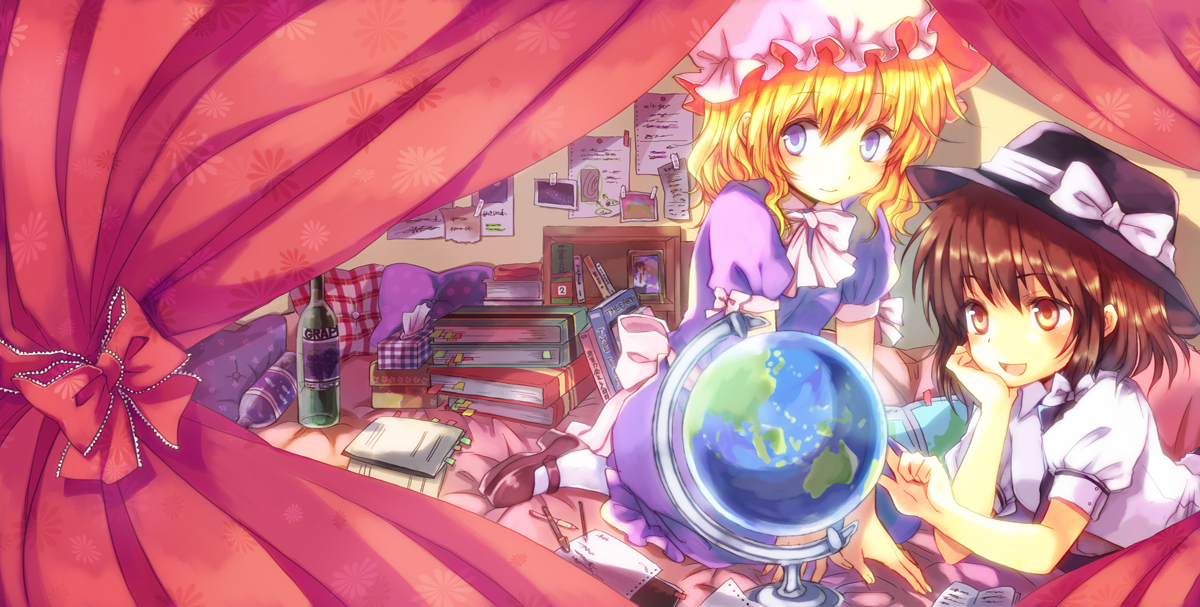 miya (tsumazukanai), maribel hearn, usami renko, ghostly field club, touhou, bad id, bad pixiv id, 2girls, blonde hair, blue eyes, book, brown hair, female focus, globe, hat, multiple girls, short hair