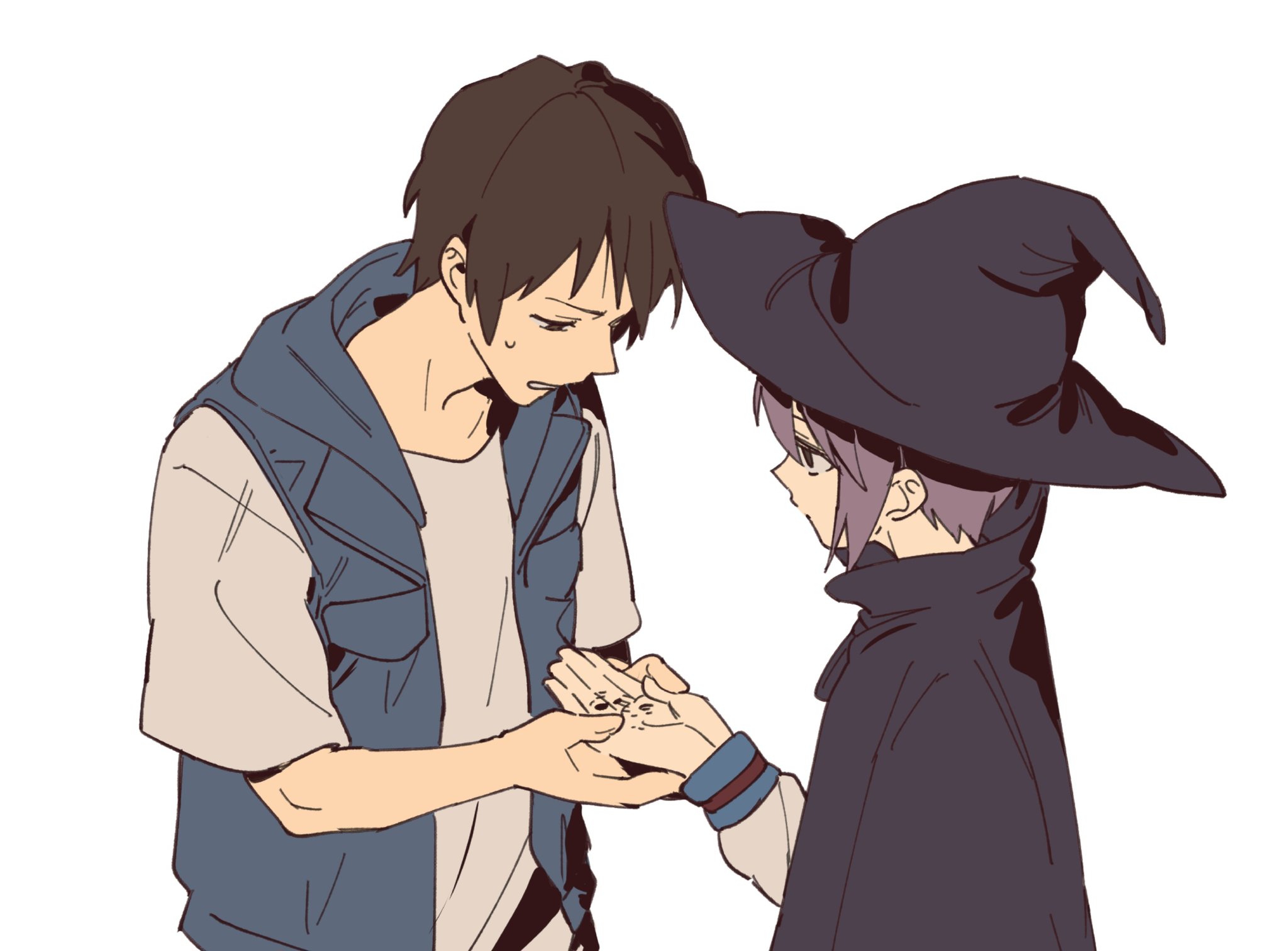 kkoo7, kyon, nagato yuki, suzumiya haruhi no yuuutsu, highres, 1boy, 1girl, black cloak, black hat, blue jacket, casual, cloak, hat, holding hands, jacket, kita high school uniform, open clothes, open jacket, purple hair, school uniform, shirt, short hair, simple background, sleeveless, sleeveless jacket, white background, white shirt, winter uniform, witch hat