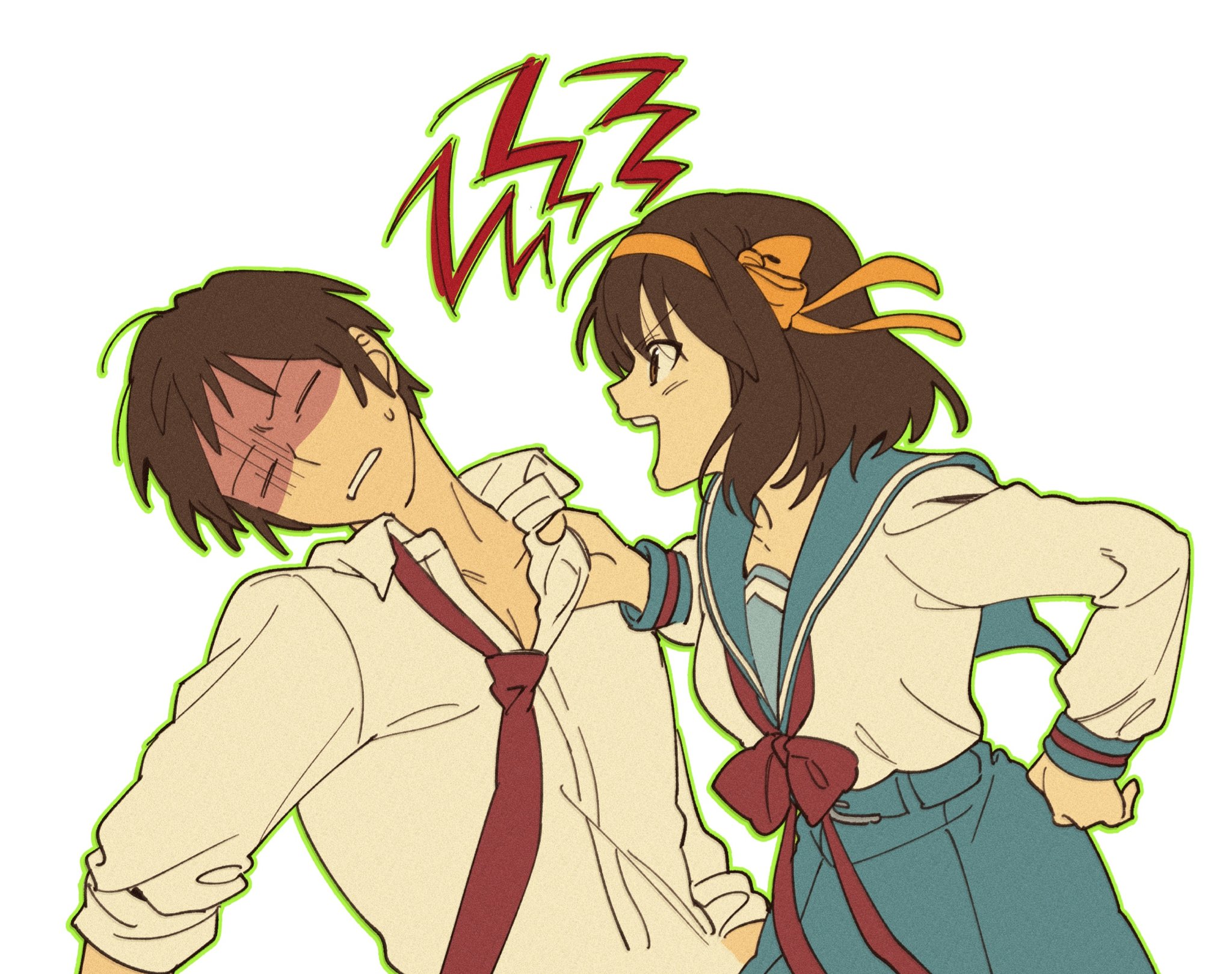 kkoo7, kyon, suzumiya haruhi, suzumiya haruhi no yuuutsu, highres, 1boy, 1girl, blue sailor collar, blue skirt, brown hair, closed eyes, clothes grab, collar grab, collarbone, collared shirt, hair ribbon, hairband, hand on own hip, kita high school uniform, long sleeves, looking at another, necktie, neckwear grab, pleated skirt, red necktie, red ribbon, ribbon, sailor collar, school uniform, serafuku, shirt, short hair, simple background, skirt, white background, white shirt, winter uniform, yellow hairband, yellow ribbon