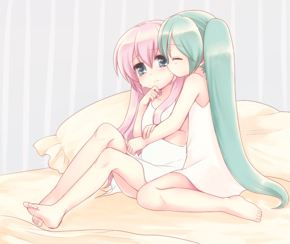 usashiro mani, hatsune miku, megurine luka, vocaloid, bad id, bad pixiv id, 2girls, aged down, barefoot, bed, feet, flat chest, hug, kiss, kissing cheek, long hair, multiple girls, pillow, tears, toes, very long hair, yuri