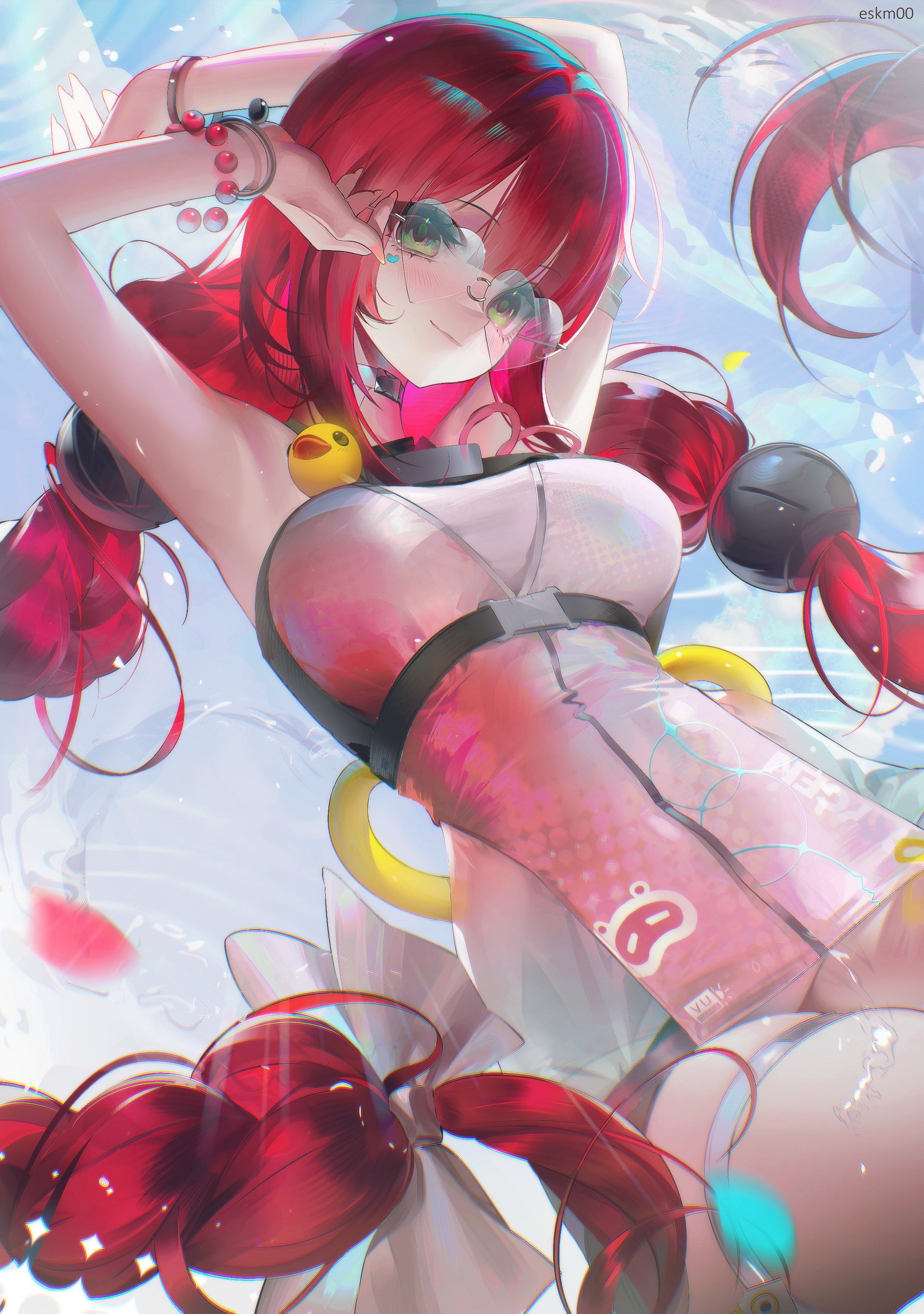 eskm00, ukinami yuzuha, ukinami yuzuha (tanuki in broad daylight), zenless zone zero, absurdres, hashtag-only commentary, highres, 1girl, bracelet, braid, breasts, green eyes, heart, heart-shaped eyewear, jewelry, long hair, medium breasts, official alternate costume, one-piece swimsuit, pink one-piece swimsuit, red hair, sky, strap, swimsuit, thigh strap, twin braids, two-tone one-piece swimsuit, very long hair, water drop