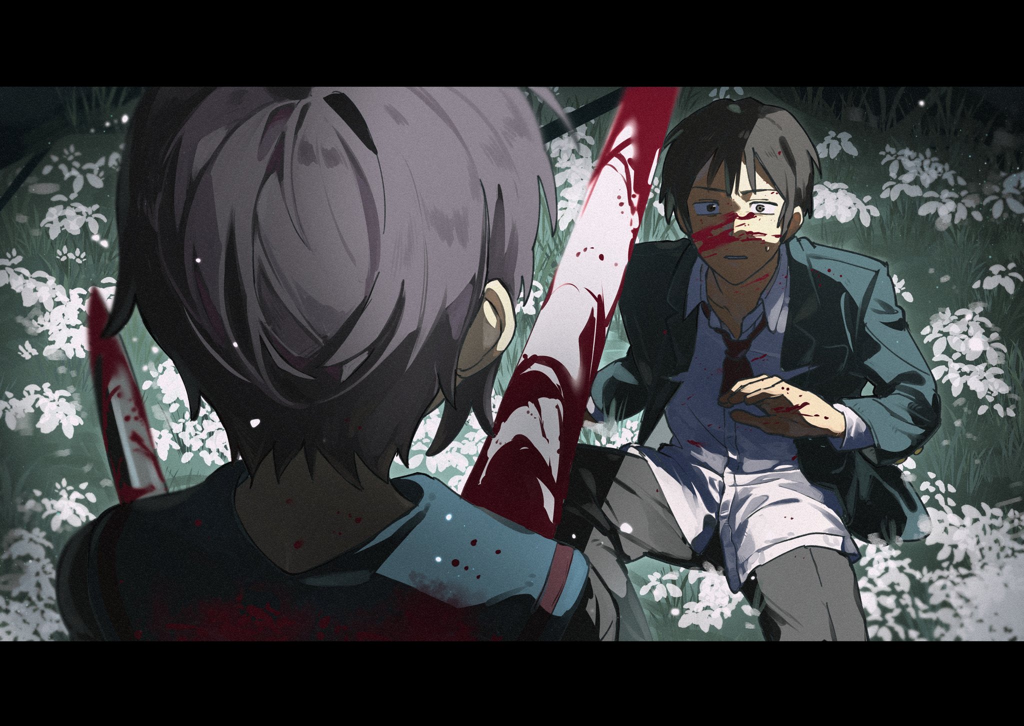 kkoo7, kyon, nagato yuki, suzumiya haruhi no yuuutsu, highres, 1boy, 1girl, black pants, blazer, blood, blood on face, blue sailor collar, collared shirt, flower, grass, green jacket, jacket, kita high school uniform, letterboxed, long sleeves, looking at another, necktie, open clothes, open jacket, pants, red necktie, sailor collar, school uniform, serafuku, shirt, short hair, stab, torn clothes, torn necktie, untucked shirt, white shirt, winter uniform