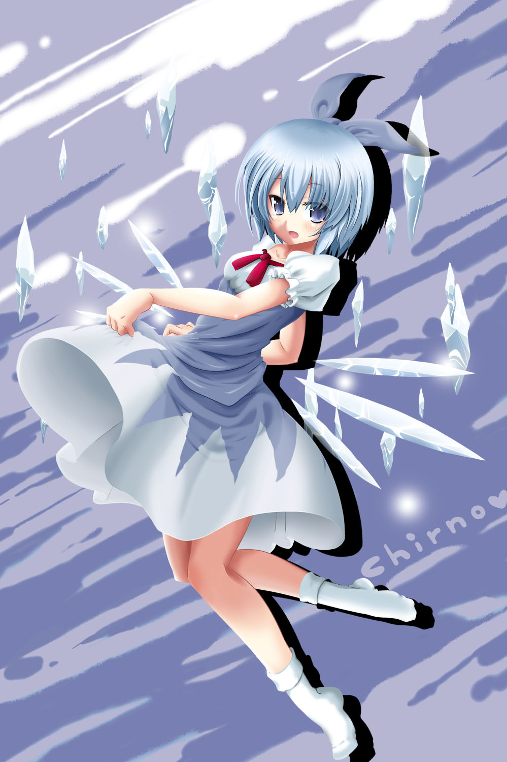 satou samu, cirno, embodiment of scarlet devil, touhou, highres, 1girl, blue eyes, blue hair, bow, female focus, hair bow, matching hair/eyes, short hair, socks, solo, wings