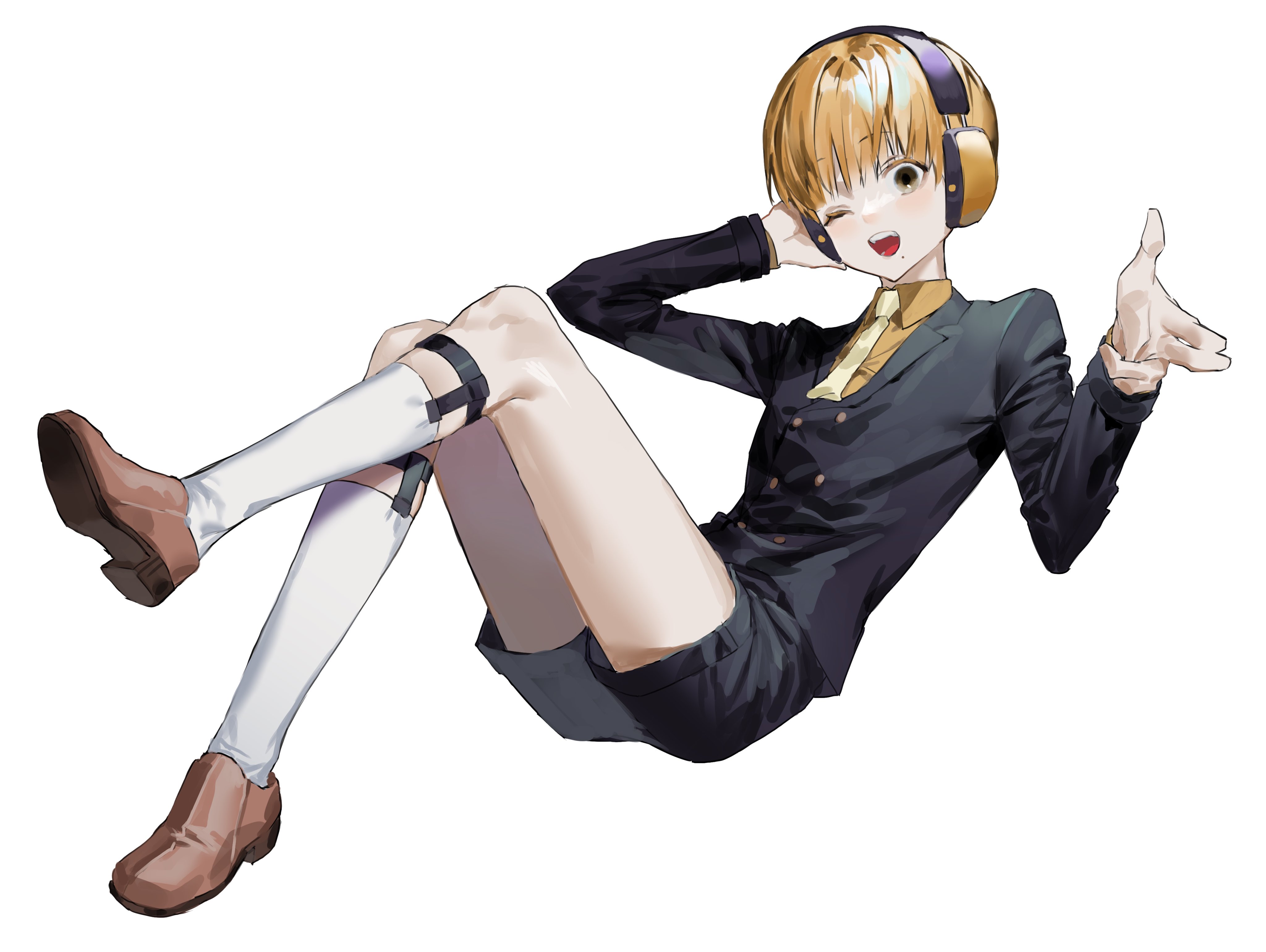 chamuring, nowaki homuramaru, kemono jihen, absurdres, highres, 1boy, arm behind head, black jacket, blonde hair, brown shoes, collared shirt, full body, headphones, jacket, legwear garter, loafers, long sleeves, looking at viewer, male focus, necktie, one eye closed, open mouth, shirt, shoes, short hair, shorts, simple background, socks, solo, white background, white socks