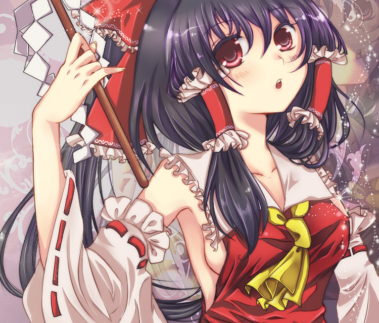 asagiri (artist), asagiri (tokinedu), hakurei reimu, touhou, 1girl, black hair, bow, breasts, detached sleeves, female focus, japanese clothes, miko, red eyes, short hair, sideboob, solo