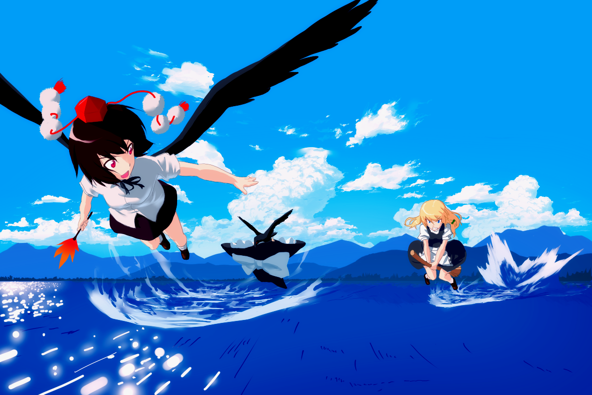 blew andwhite, tahoo, kirisame marisa, shameimaru aya, touhou, 2girls, bird, black hair, black wings, blonde hair, blue eyes, braid, broom, broom riding, clothes theft, cloud, crow, day, female focus, flying, hat, lake, long hair, multiple girls, outdoors, red eyes, short hair, sky, theft, tokin hat, unworn hat, unworn headwear, water, wings, witch, witch hat