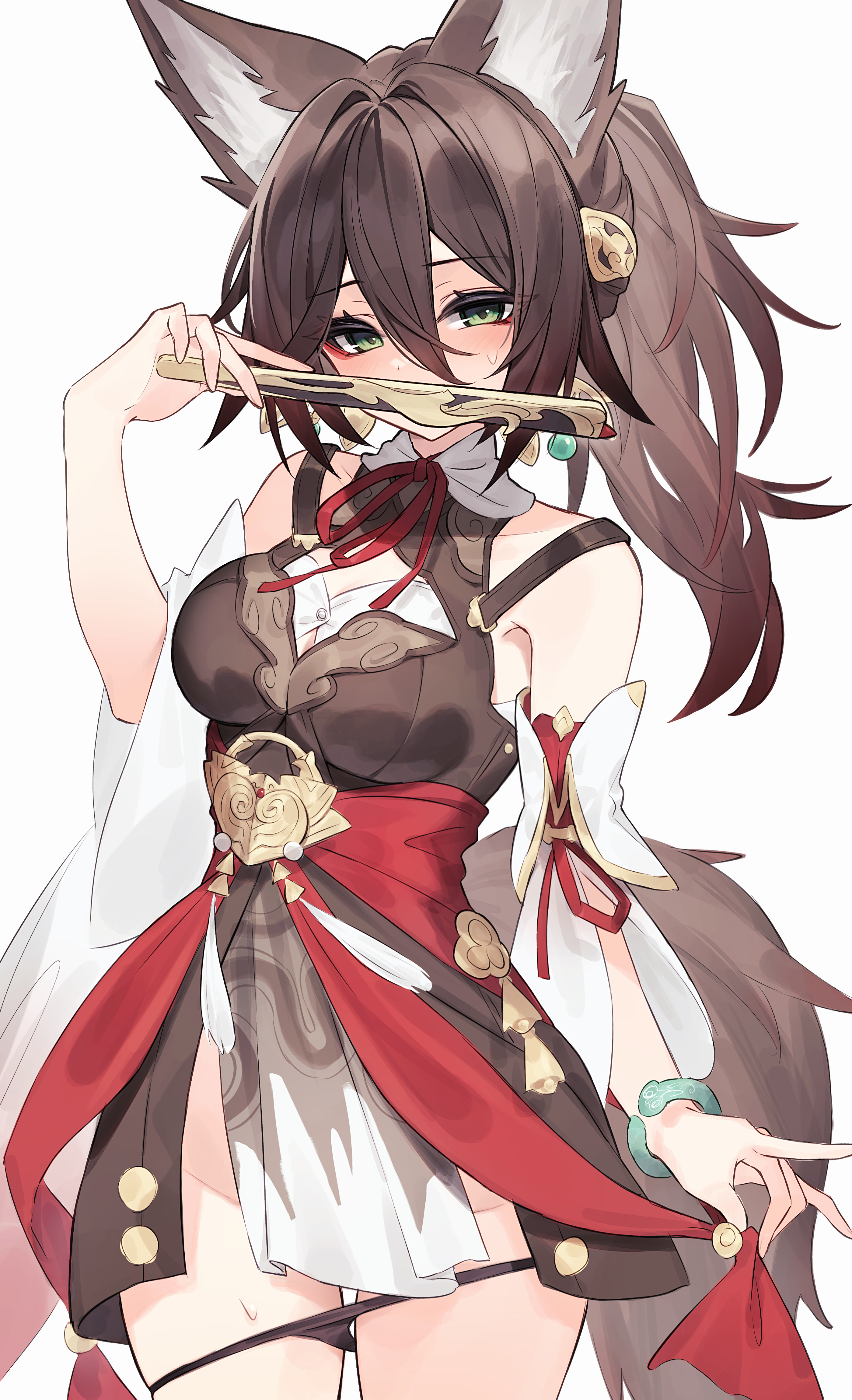 diieru, tingyun (harmony) (honkai: star rail), tingyun (honkai: star rail), honkai: star rail, honkai (series), absurdres, commentary, highres, 1girl, animal ear fluff, animal ears, blush, bracelet, breasts, brown hair, chinese clothes, dress, eyeliner, fox ears, fox girl, green eyes, groin, hand fan, jewelry, makeup, medium breasts, panties, ponytail, short dress, shy, sleeveless, thighs, underwear, unworn panties