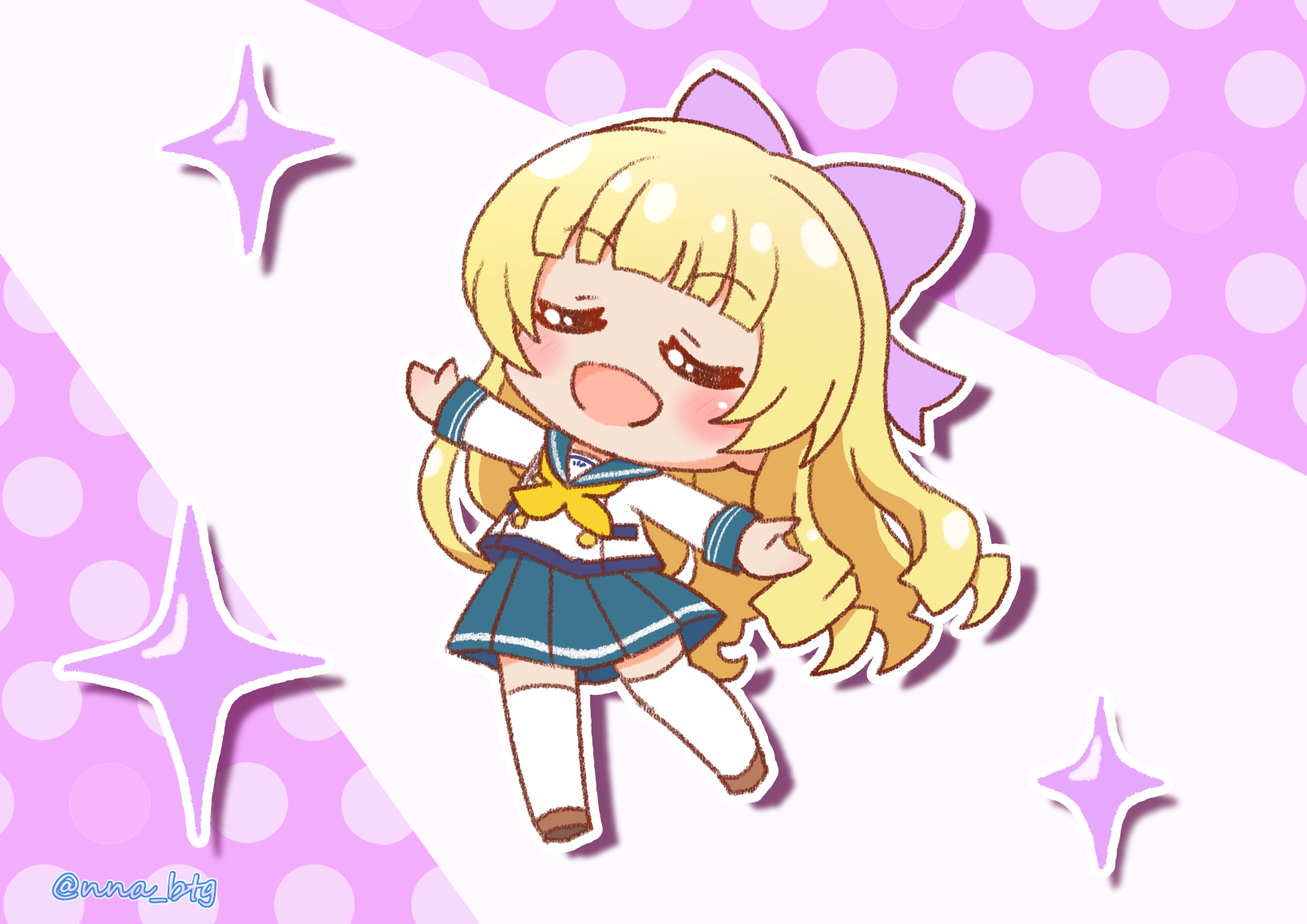 nna btg, sendouin kaede, battle girl high school, commentary request, highres, 1girl, blonde hair, blunt bangs, blush, bow, chibi, closed eyes, full body, hair bow, long hair, neckerchief, open mouth, outline, outstretched arms, pink bow, pleated skirt, school uniform, shirt, skirt, solo, sparkle, spread arms, thighhighs, white outline, white shirt, yellow neckerchief