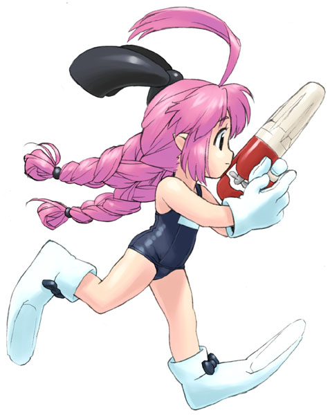 jinroku, hoihoi-san, ichigeki sacchuu!! hoihoi-san, ahoge, black one-piece swimsuit, braid, flippers, gloves, gun, long hair, mini person, minigirl, one-piece swimsuit, pink hair, running, school swimsuit, swimsuit, twin braids, twintails, weapon