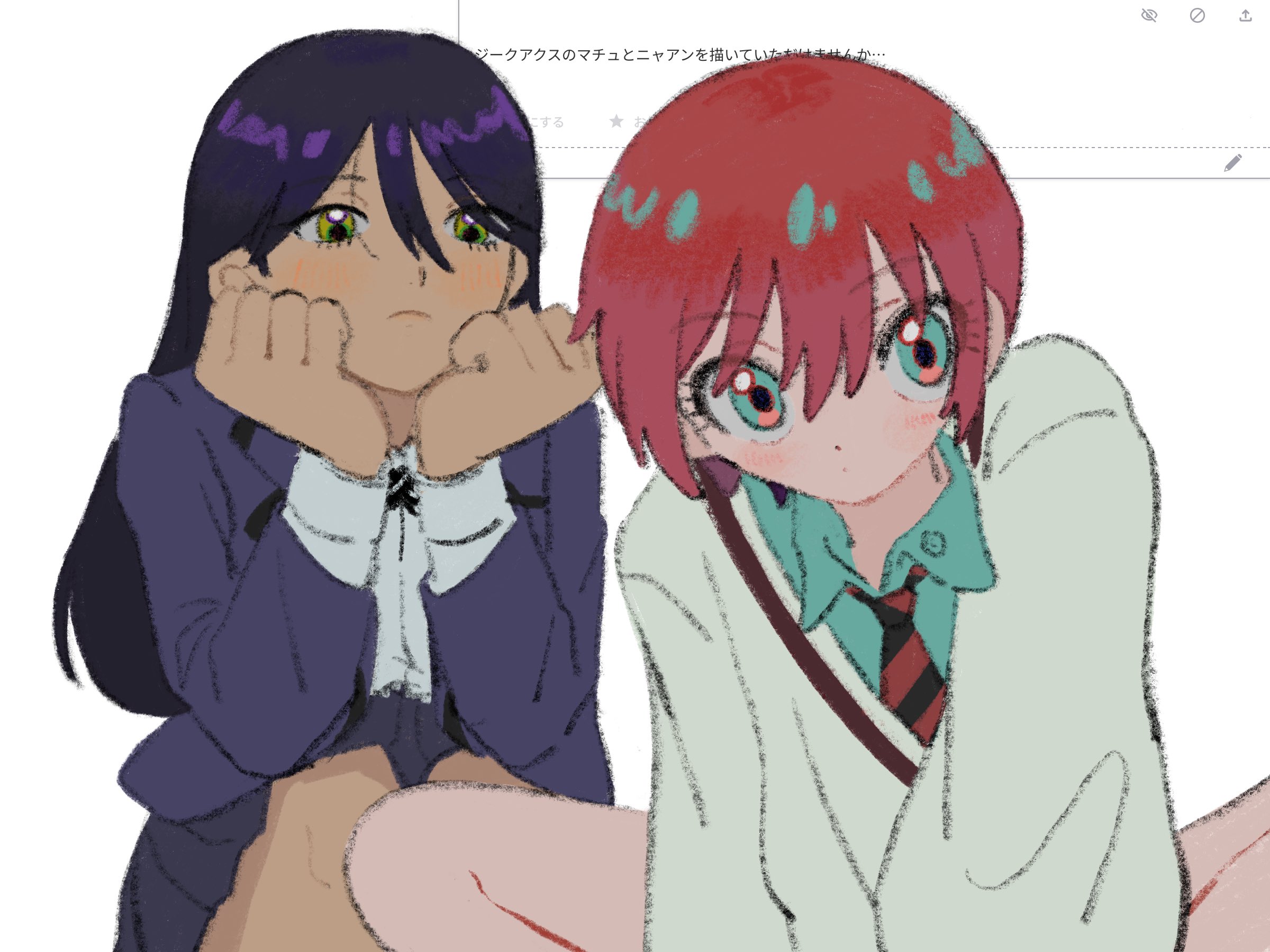 jiro 26, amate yuzuriha, nyaan (gundam gquuuuuux), gundam, gundam gquuuuuux, odaibako, bad id, bad twitter id, highres, translation request, 2girls, aqua eyes, black skirt, blazer, blue hair, blue jacket, closed mouth, collared shirt, diagonal-striped clothes, diagonal-striped necktie, frown, green shirt, hands on own cheeks, hands on own face, hands up, jacket, long hair, long sleeves, looking at another, looking at viewer, multiple girls, necktie, pleated skirt, red hair, red necktie, request inset, school uniform, shirt, short hair, simple background, sitting, skirt, striped clothes, sweater, white background, white sweater, yellow eyes