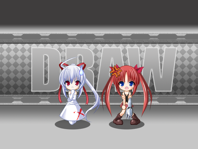 womi, freudia neuwahl, zorne sepperin, bomberman, rosenkreuzstilette, rosenkreuzstilette freudenstachel, silver hair, 2girls, ahoge, angry, bare shoulders, blood, blue eyes, bow, breasts, chibi, cleavage, cross, dress, elbow gloves, gauntlets, gloves, hair ribbon, long hair, multiple girls, parody, ponytail, red eyes, red hair, ribbon, skirt, small breasts, stain, sweatdrop, tears, twintails, very long hair, wedding dress