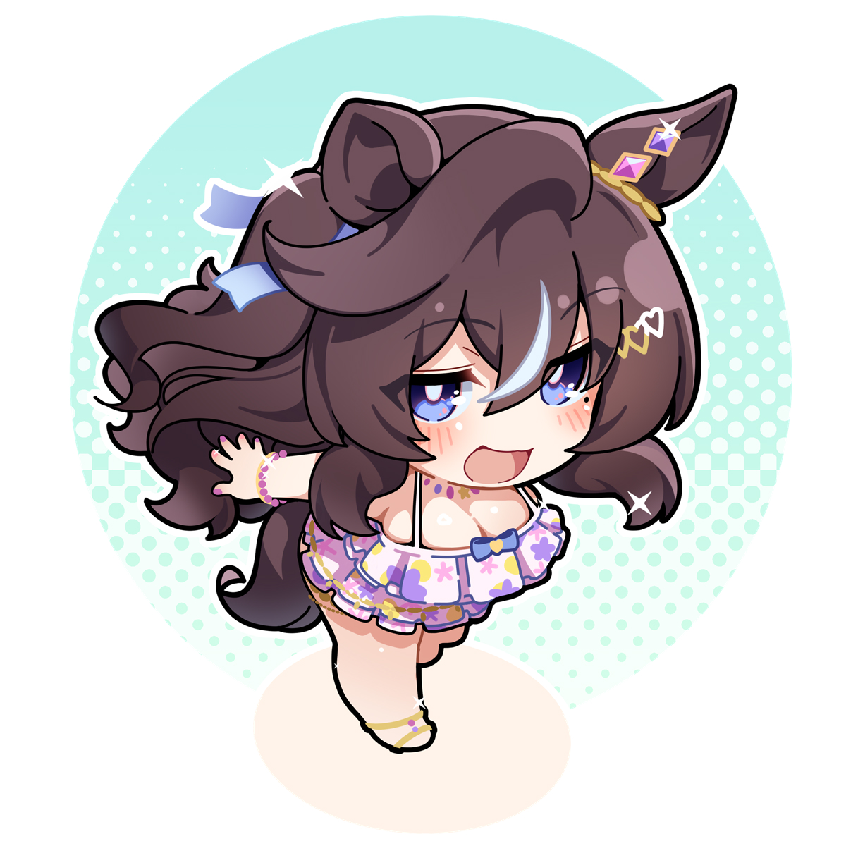 warashi, vivlos (umamusume), umamusume, commentary request, highres, translation request, 1girl, :d, animal ears, bikini, blue eyes, blush, bracelet, breasts, brown hair, chibi, chibi only, cleavage, double-parted bangs, full body, hair between eyes, horse ears, horse girl, horse tail, jewelry, long hair, looking at viewer, open mouth, purple bikini, smile, solo, standing, swimsuit, tail