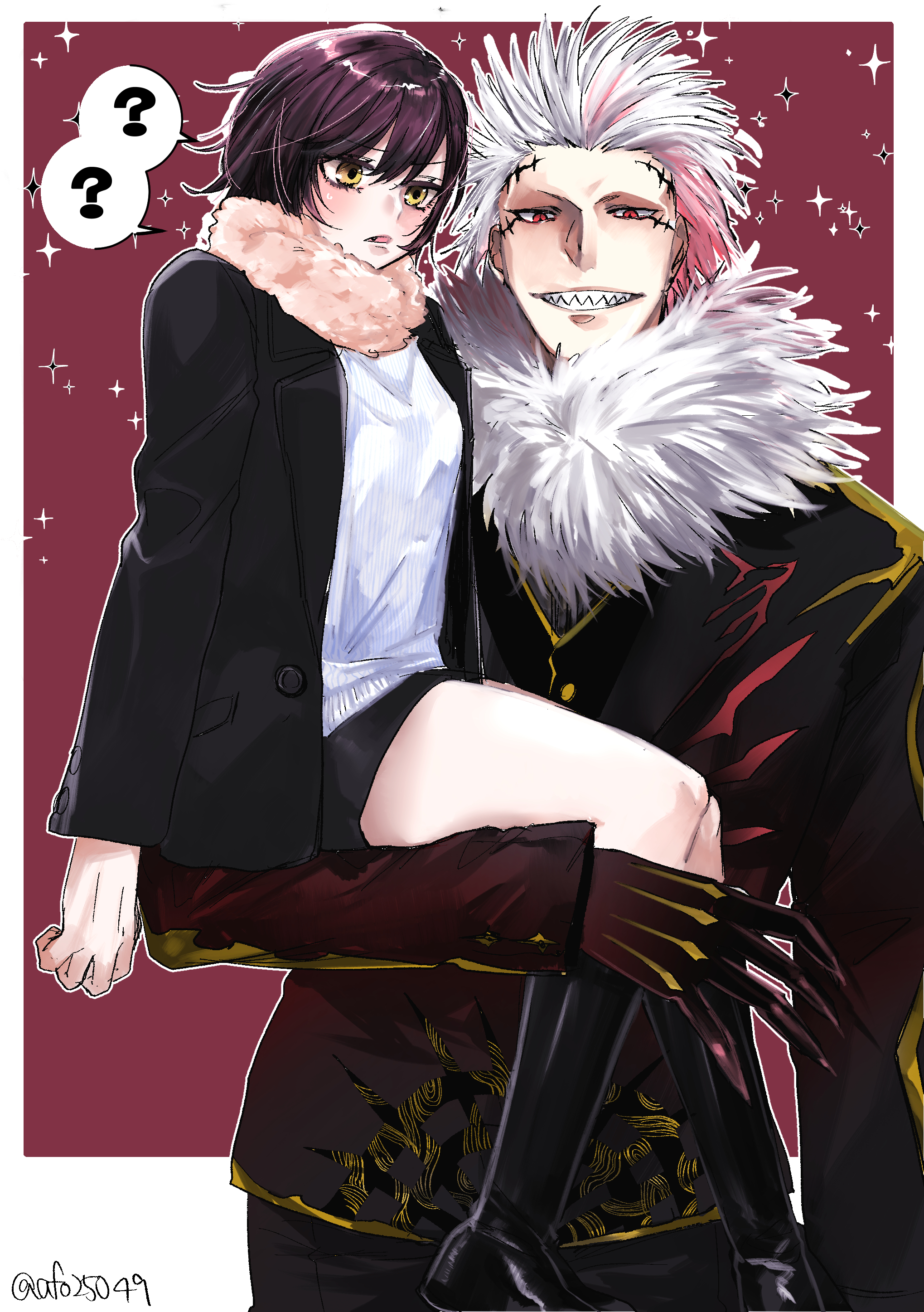 afo (pr), tomesode shitotsu, nue no onmyouji, absurdres, highres, 1boy, 1girl, ?, black hair, blazer, boots, gashadokuro (nue no onmyouji), grin, hair slicked back, jacket, lifting person, long sleeves, red eyes, scarf, sharp teeth, shirt, short hair, smile, speech bubble, spoken question mark, stitches, teeth, thighs, twitter username, white hair, white shirt, yellow eyes