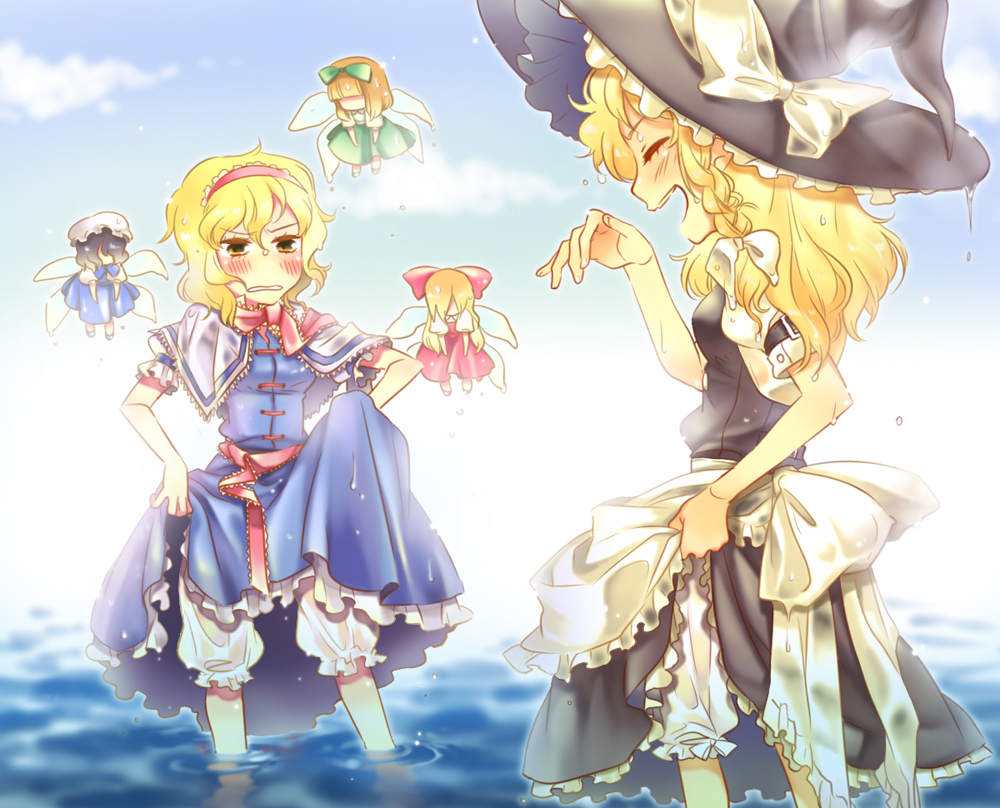 fuyu kitsune, alice margatroid, kirisame marisa, touhou, bad id, bad pixiv id, 2girls, blonde hair, bloomers, blush, braid, clothes lift, doll, dress, dress lift, female focus, hairband, hat, long hair, multiple girls, short hair, skirt hold, underwear, wading, water, wet, wings, witch, witch hat, yellow eyes