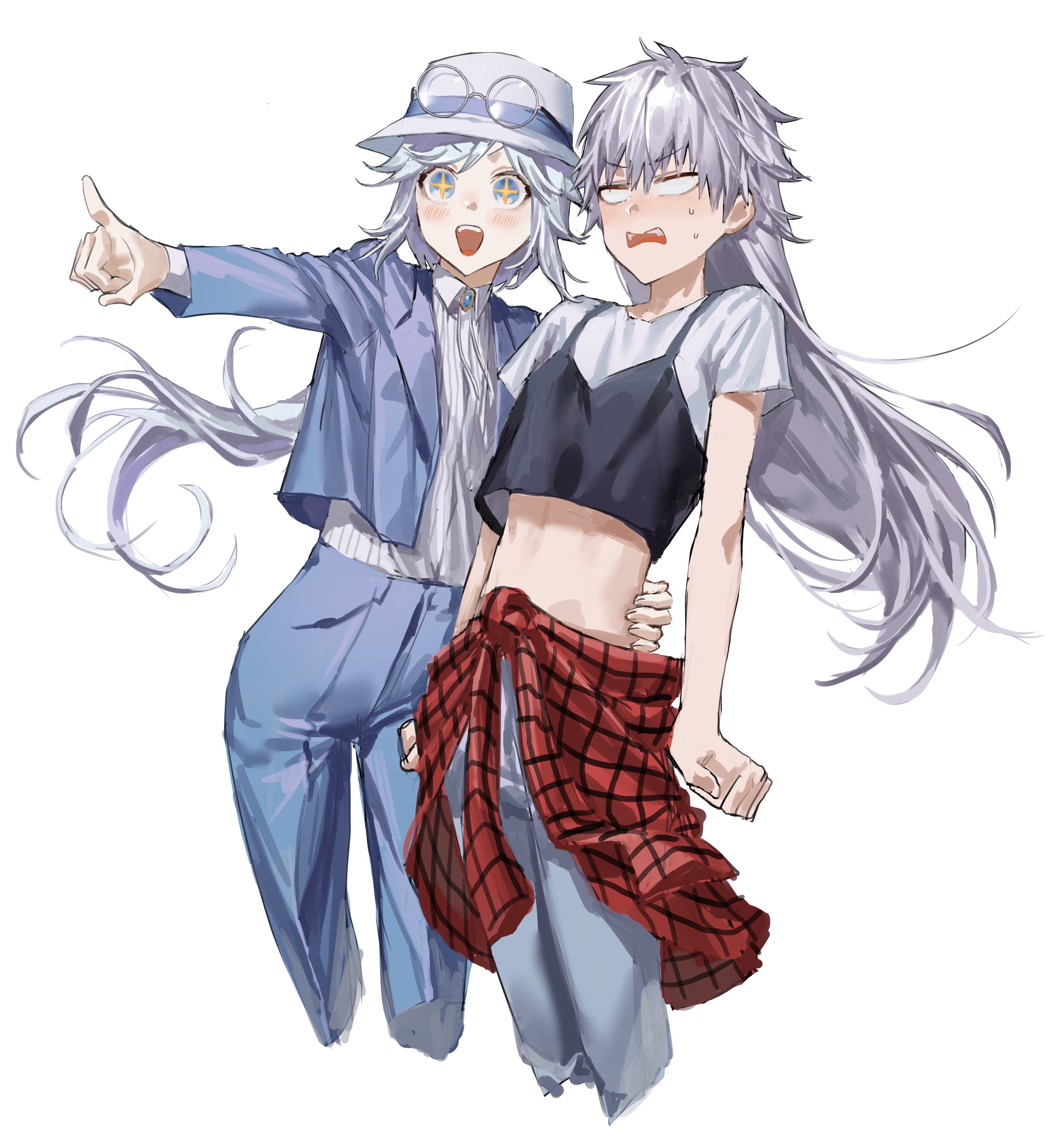 chamuring, iwakiyamayukisatoshironanogojuurokushi akira, tademaru shiki, kemono jihen, absurdres, commentary request, highres, korean commentary, 2boys, blank eyes, blue jacket, blue pants, bolo tie, clenched hands, clothes around waist, cropped legs, cropped shirt, crossdressing, crossdressing (mtf), eyewear on headwear, grey hair, hair between eyes, hat, jacket, long hair, long sleeves, male focus, midriff, multiple boys, open mouth, pants, round eyewear, shirt, shirt around waist, simple background, sparkling eyes, trap, very long hair, white background, white hat, white shirt
