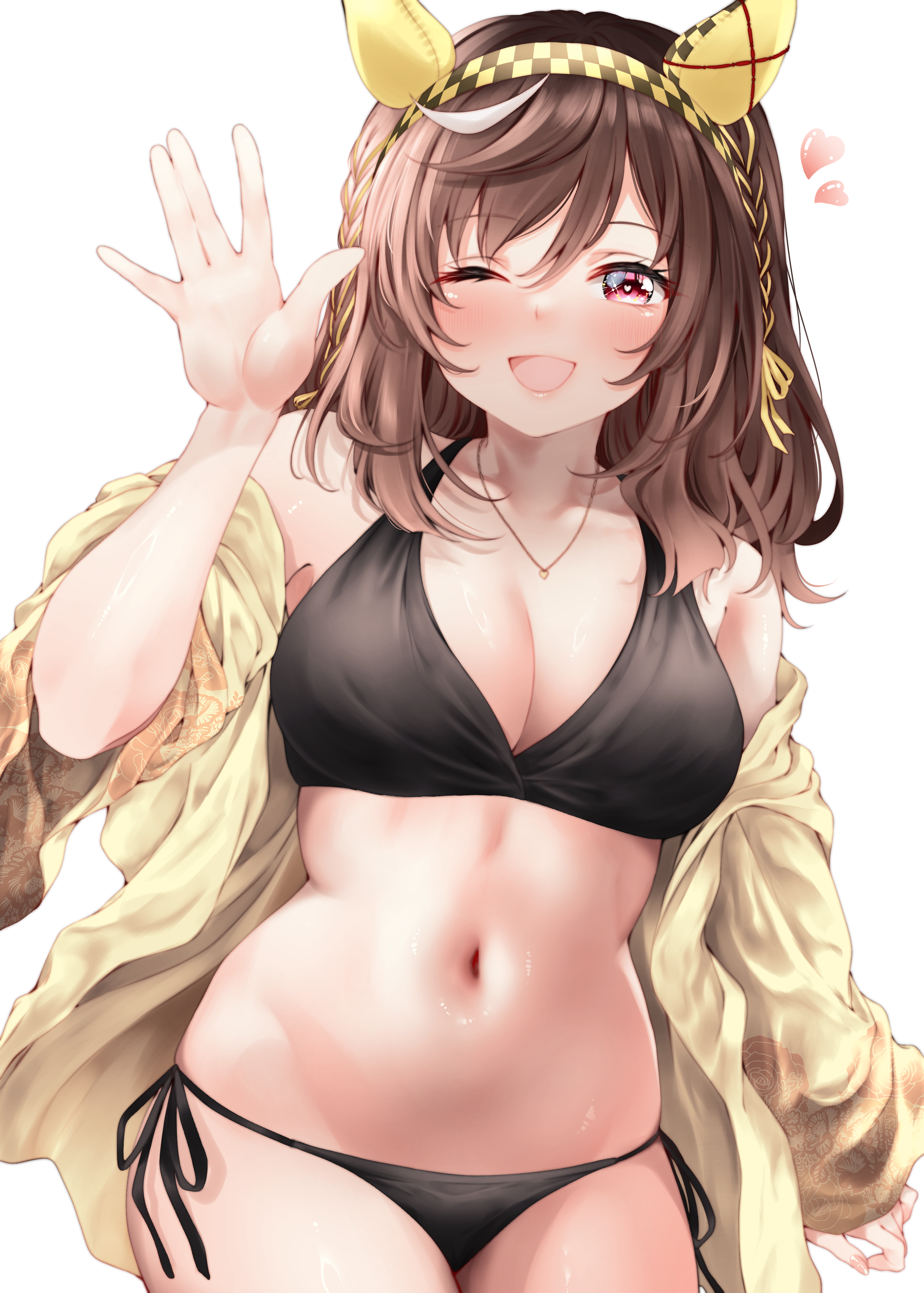 red hayao, buena vista (umamusume), umamusume, absurdres, highres, 1girl, animal ears, bare shoulders, bikini, black bikini, blush, breasts, brown hair, cleavage cutout, clothing cutout, ear covers, hairband, horse ears, horse girl, jacket, jewelry, large breasts, looking at viewer, medium hair, navel, necklace, one eye closed, open clothes, open hand, open jacket, open mouth, solo, stomach, swimsuit, yellow hairband, yellow jacket