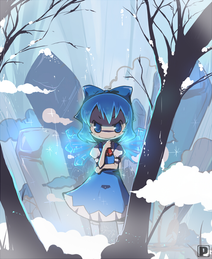 adatihide, cirno, embodiment of scarlet devil, touhou, blue eyes, blue hair, bow, hair bow, short hair, wings